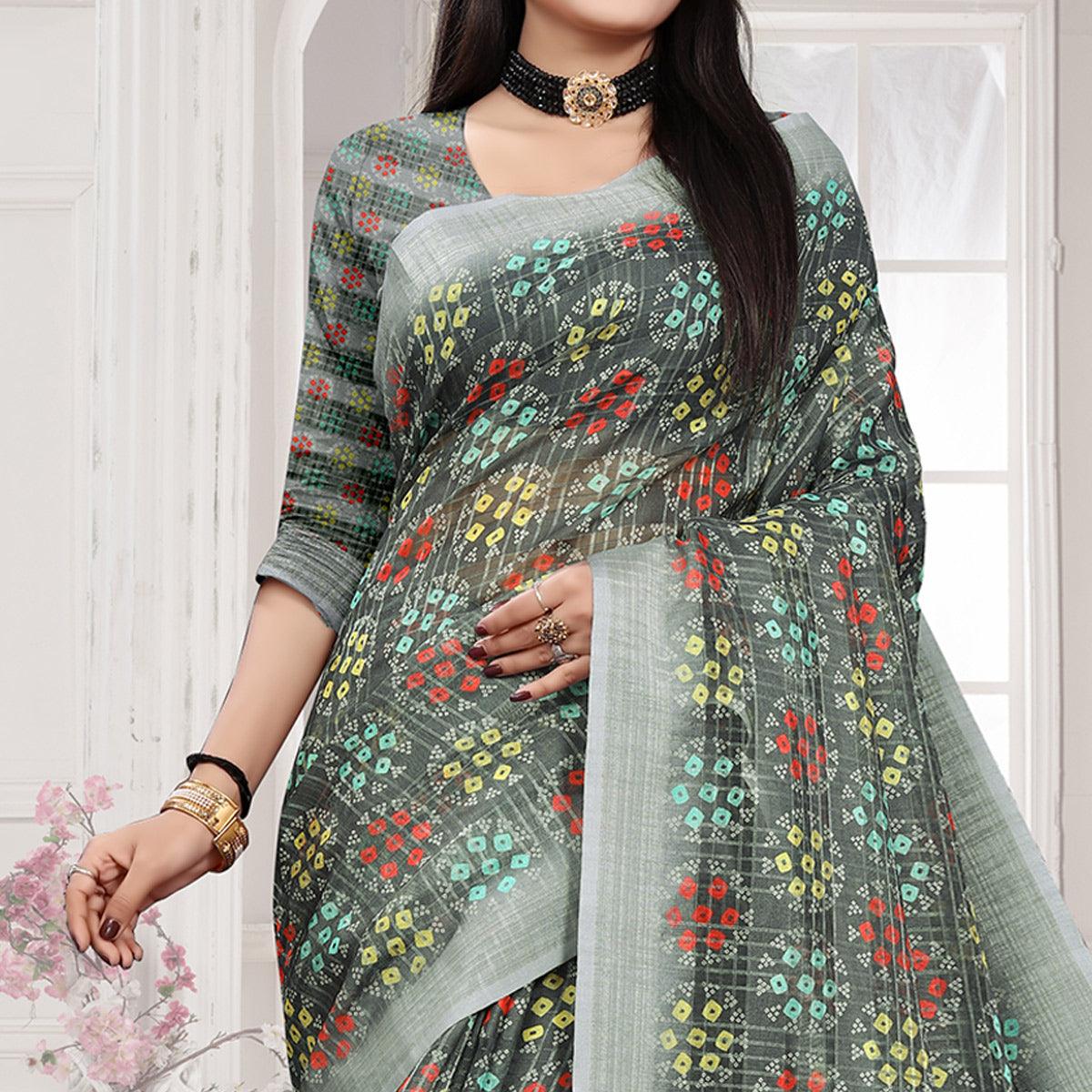 Grey Casual Wear Digital Printed Cotton Silk Saree - Peachmode