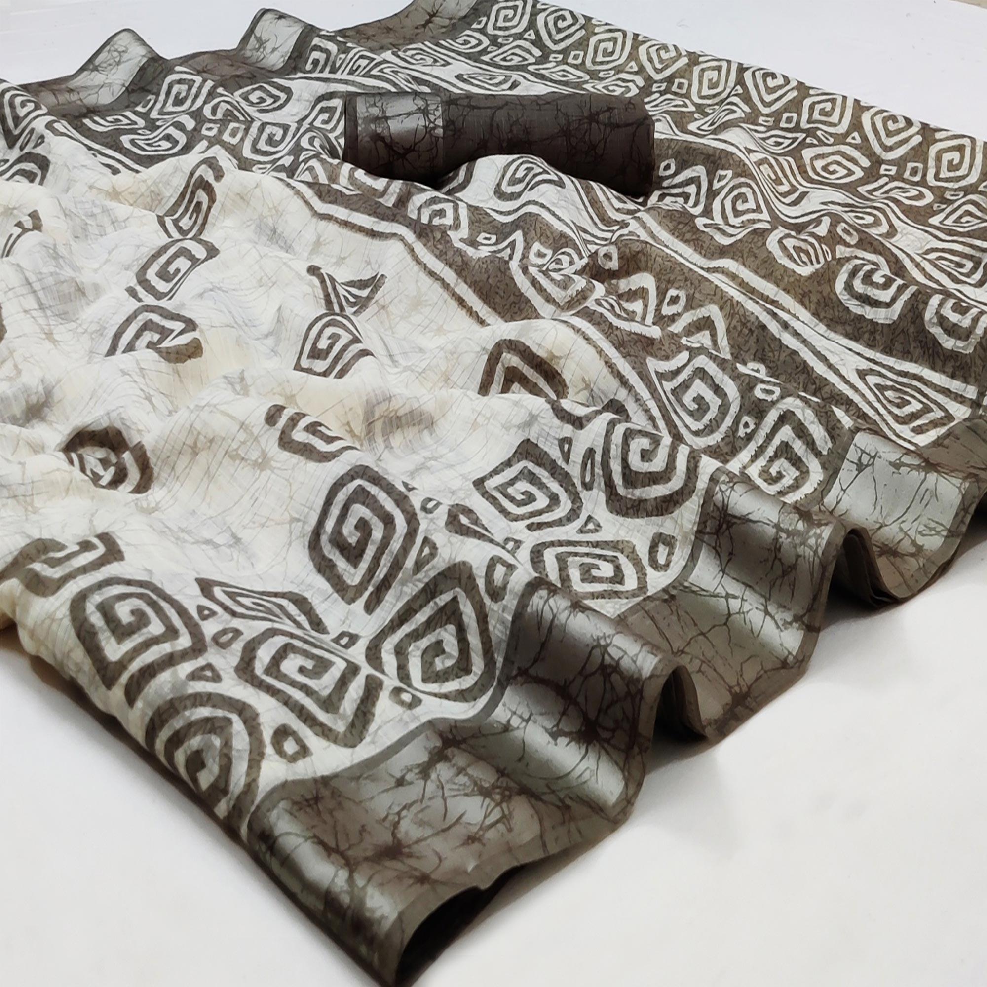 Grey Casual Wear Digital Printed Pure Linen Saree - Peachmode