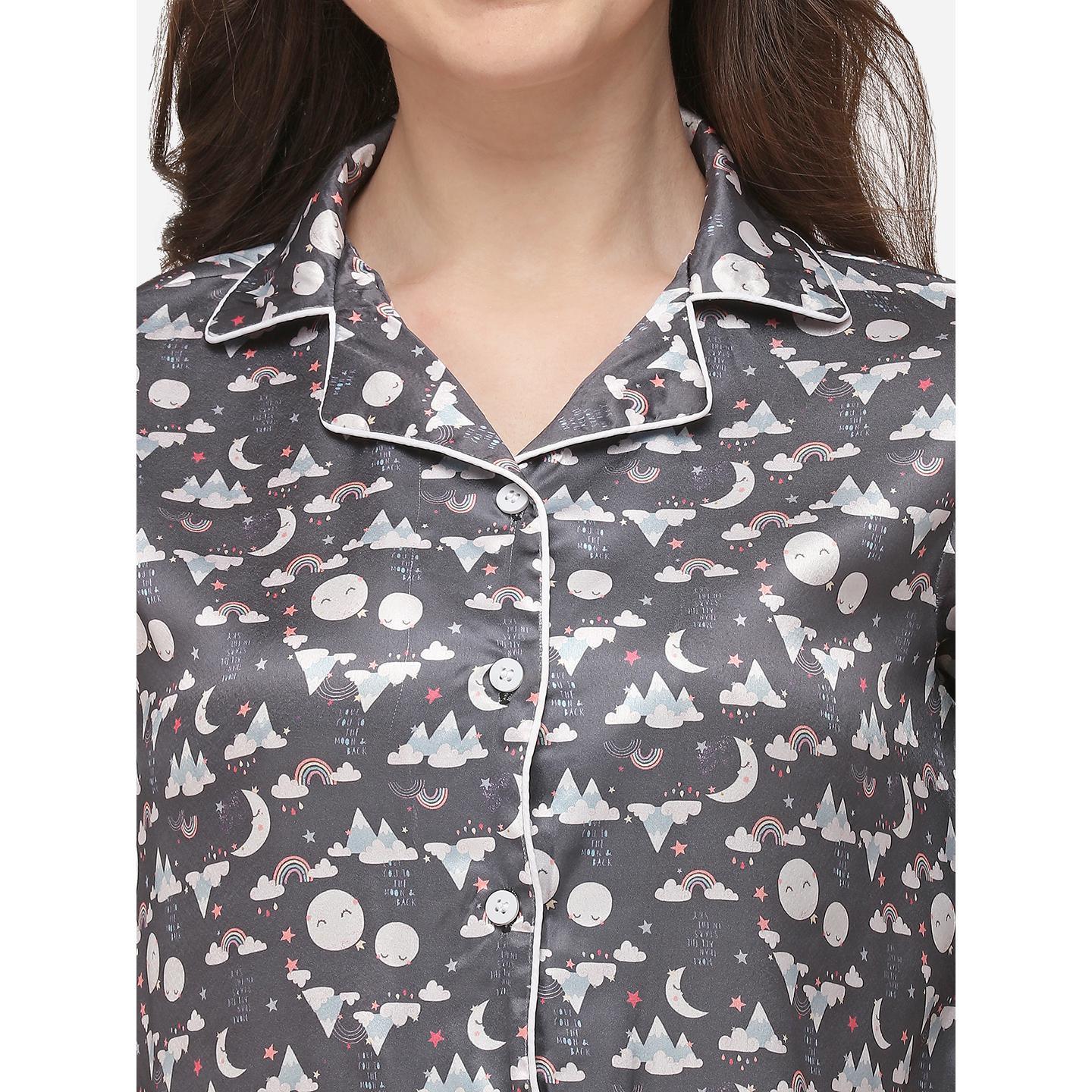 Grey Casual Wear Digital Printed Satin Night Suit - Peachmode