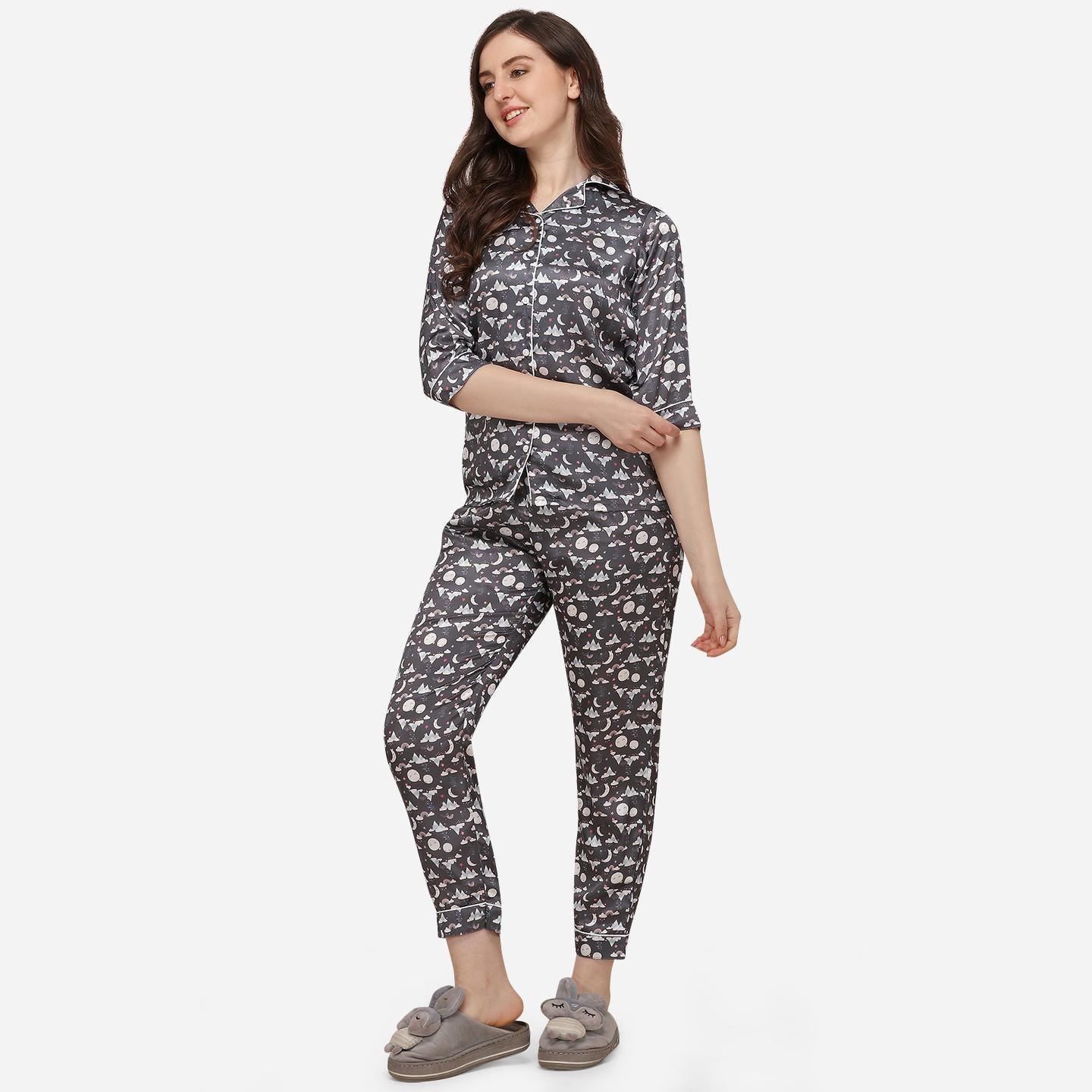 Grey Casual Wear Digital Printed Satin Night Suit - Peachmode