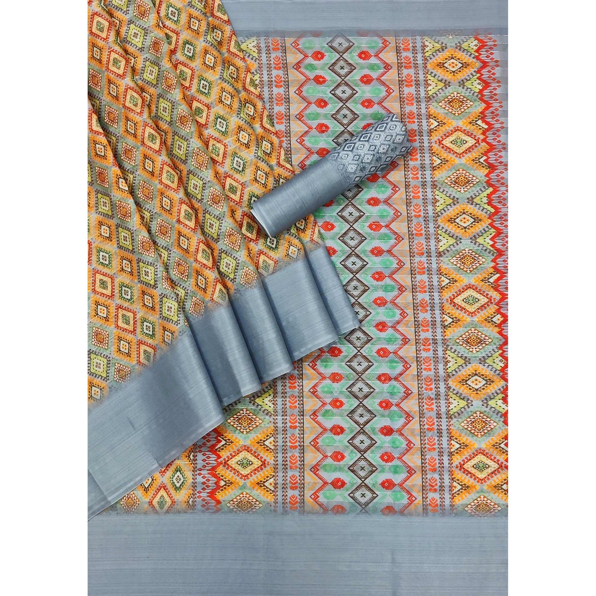 Grey Casual Wear Digital Printed Silk Saree With jacquard Border - Peachmode