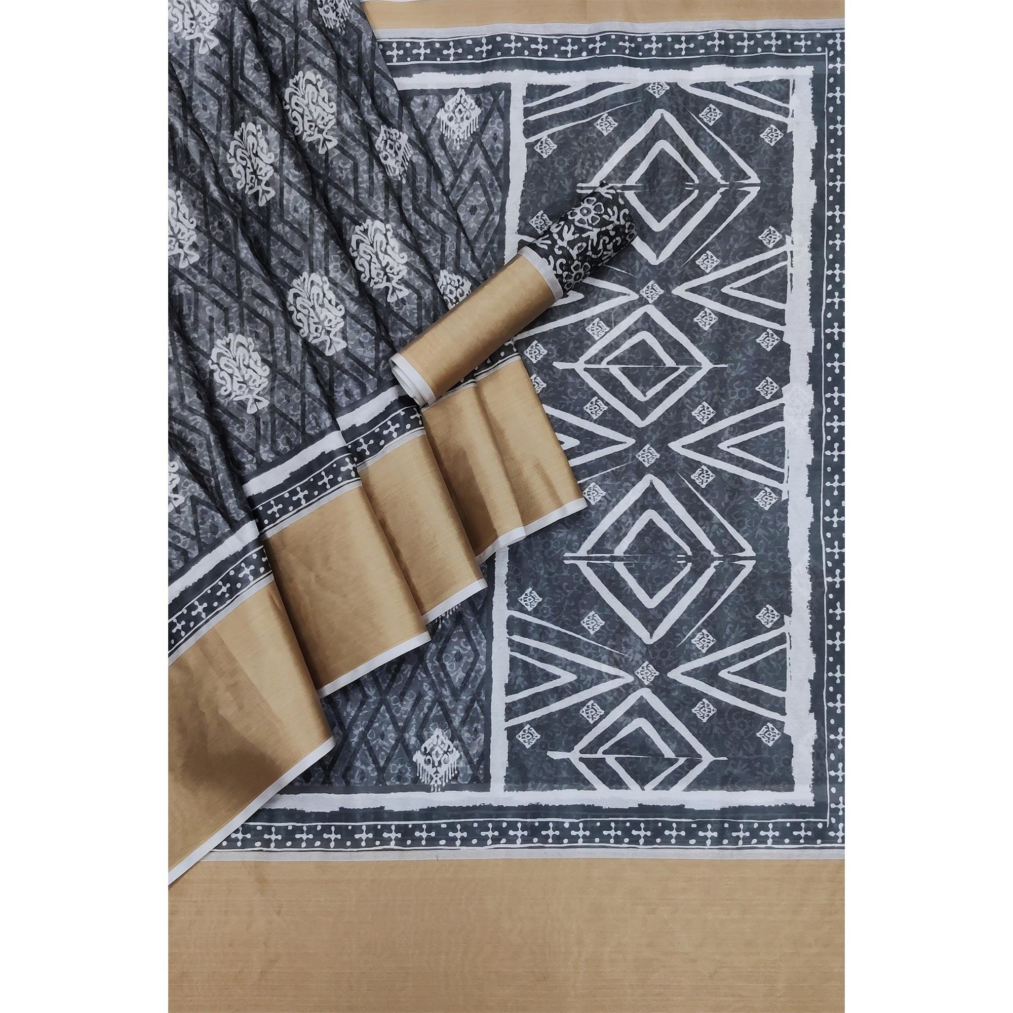 Grey Casual Wear Digital Printed Silk Saree With Zari Jacquard Border - Peachmode