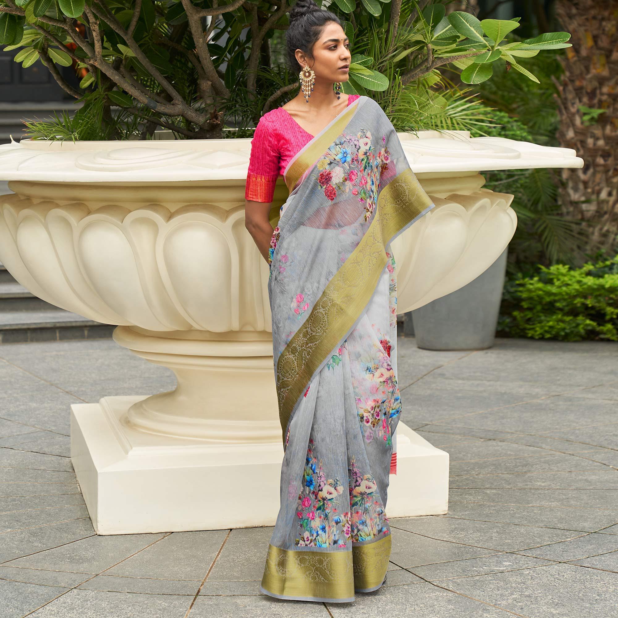 Grey Casual Wear Digital Printed Soft Organza Saree - Peachmode