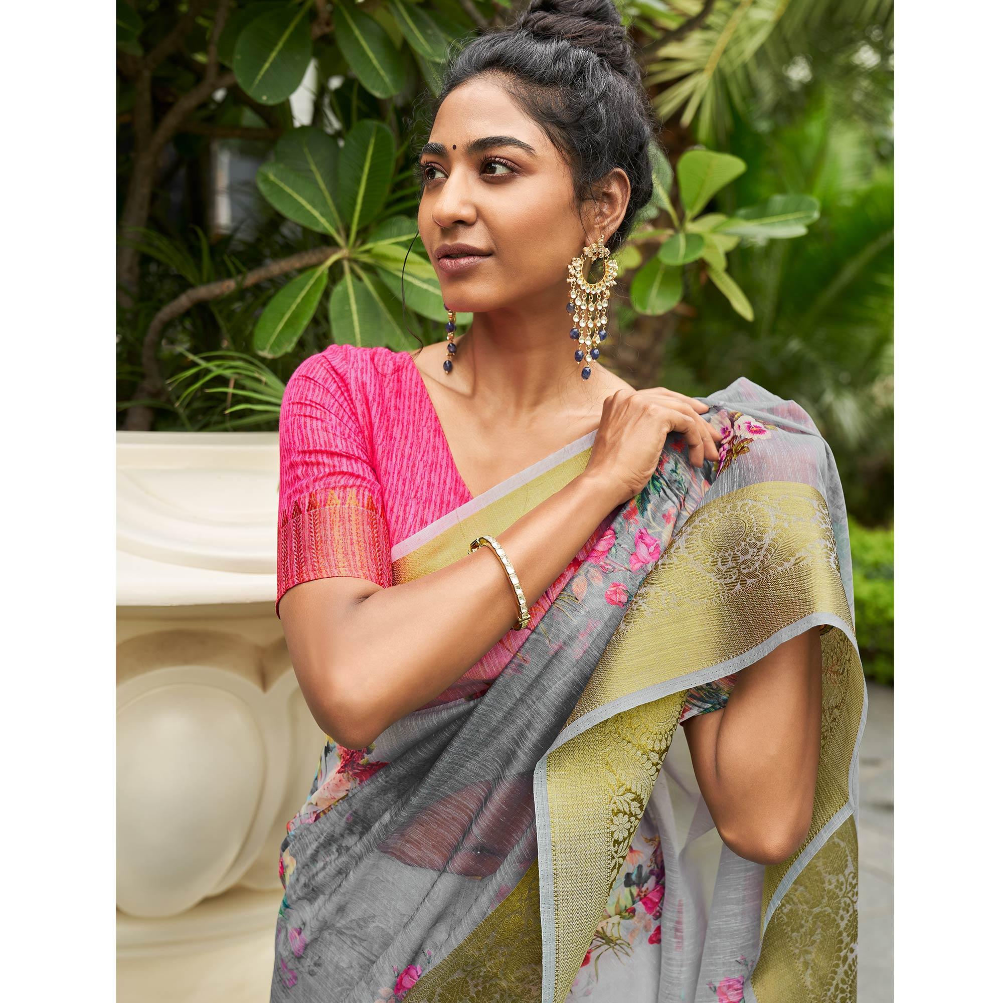 Grey Casual Wear Digital Printed Soft Organza Saree - Peachmode