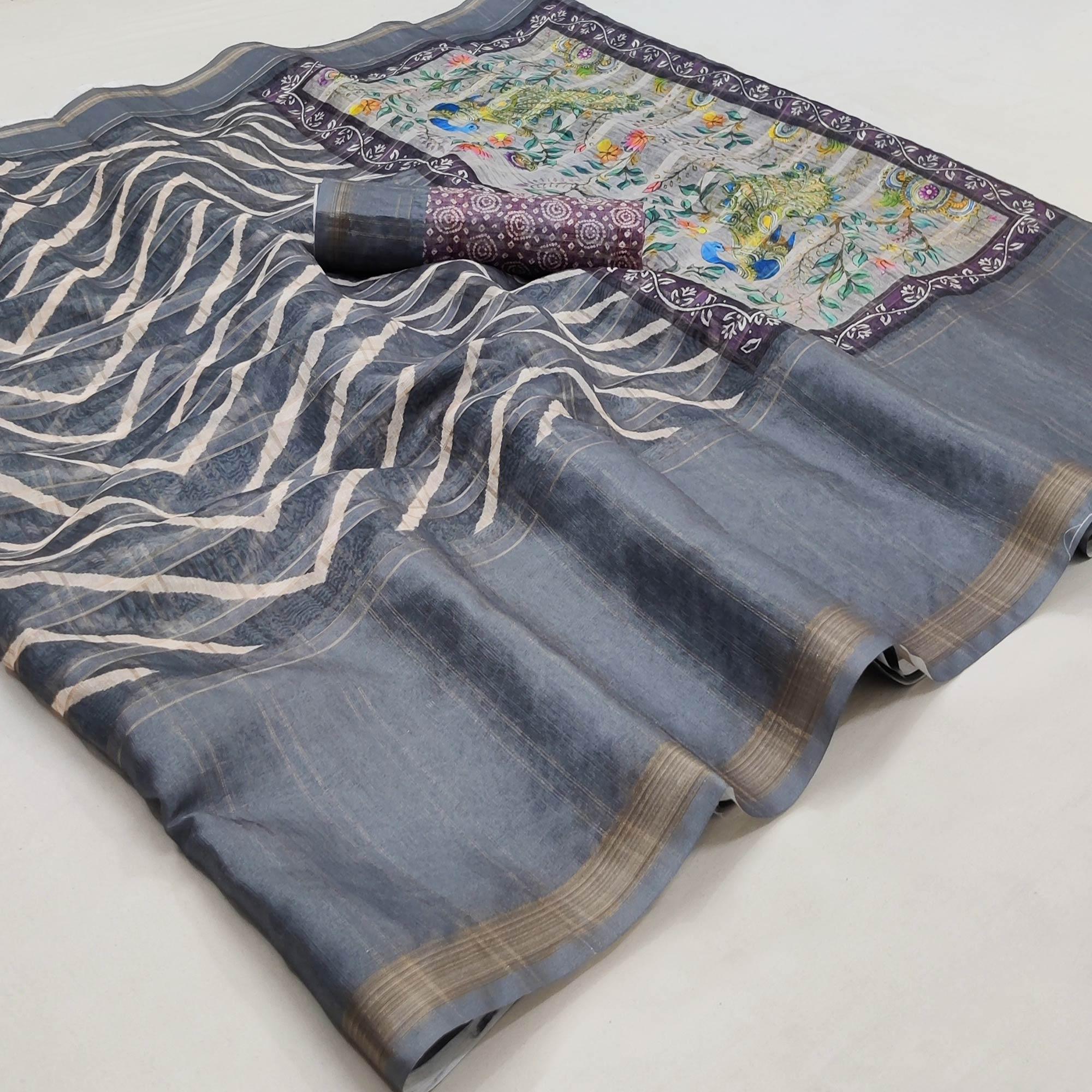 Grey Casual Wear Digital Striped Printed Silk Saree With Jari Jacquard Border - Peachmode