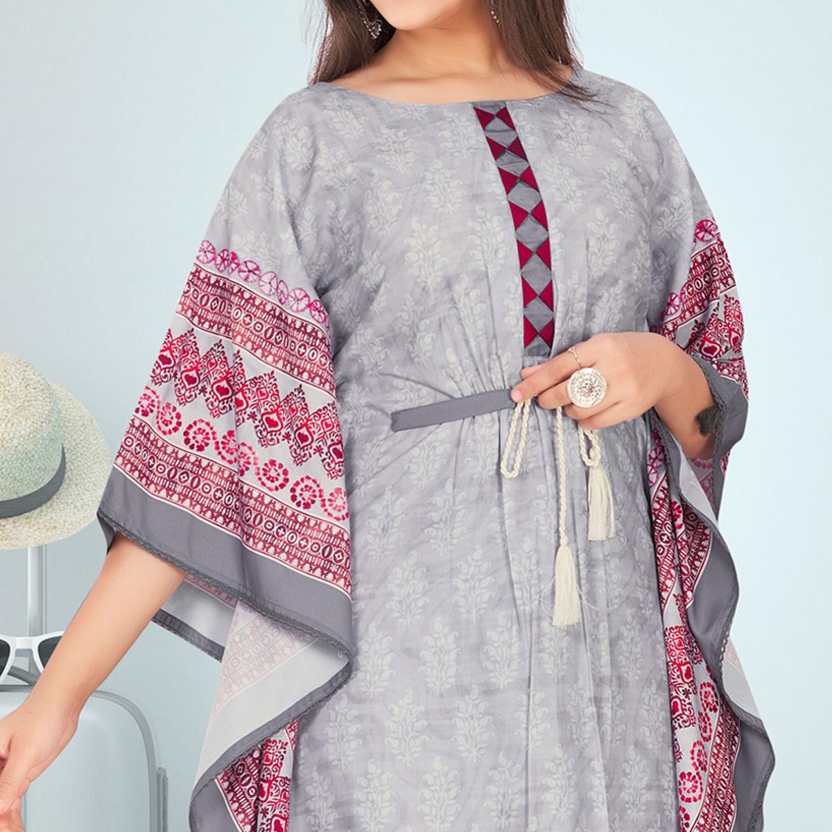 Grey Casual Wear Digtial Printed Modal Kaftan Kurti - Peachmode