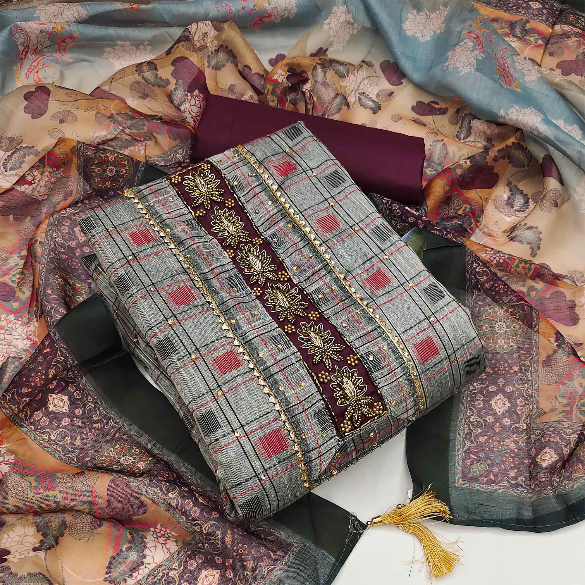 Grey Casual Wear Embellished With Checks Chanderi Dress Material - Peachmode