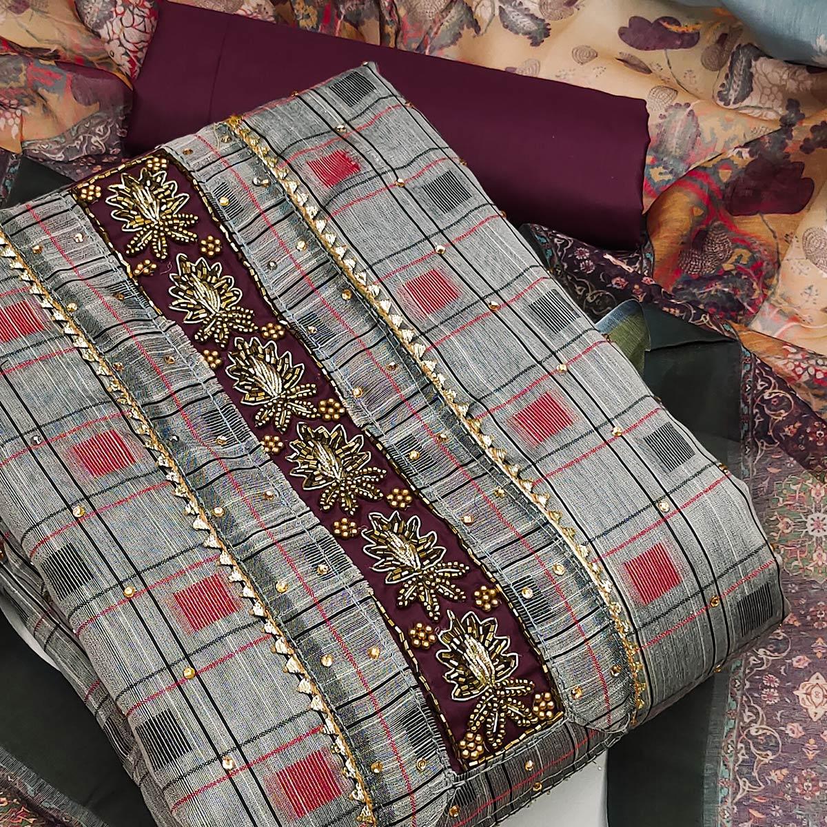 Grey Casual Wear Embellished With Checks Chanderi Dress Material - Peachmode