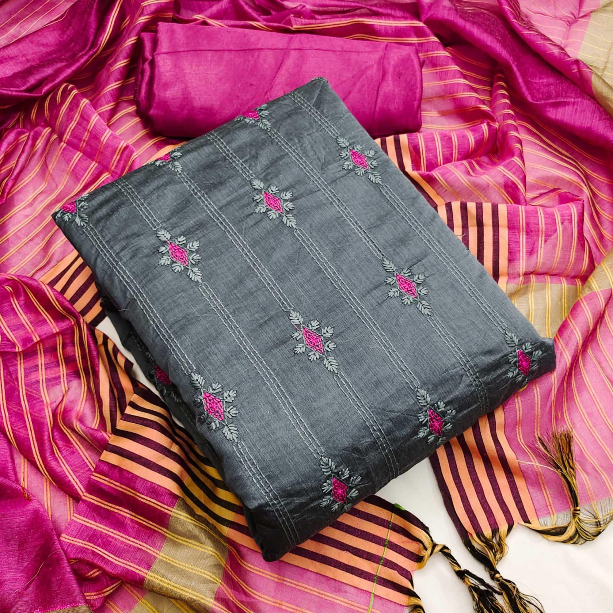 Grey Casual Wear Embroidered Chanderi Dress Material - Peachmode