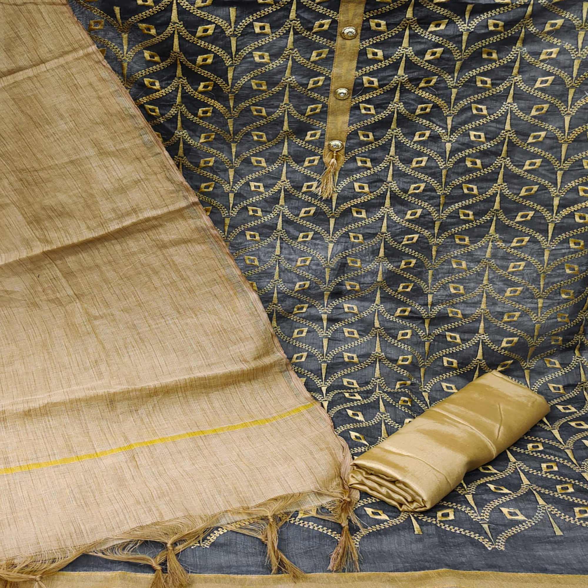 Grey Casual Wear Embroidered Chanderi Dress Material - Peachmode