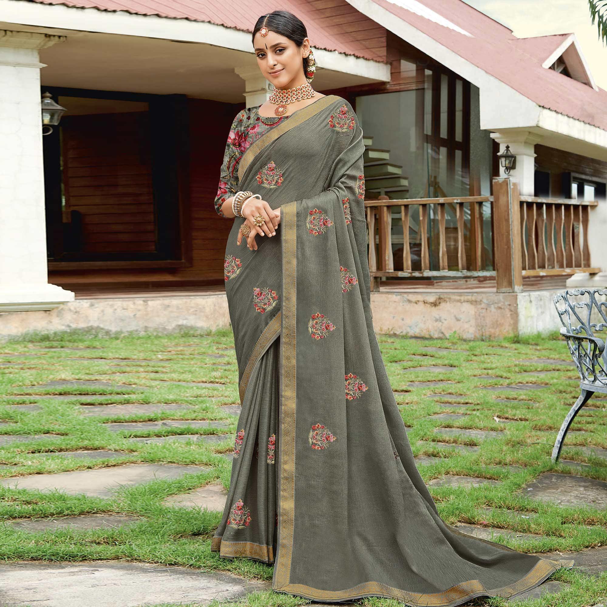 Grey Casual Wear Embroidered Chiffon Saree - Peachmode
