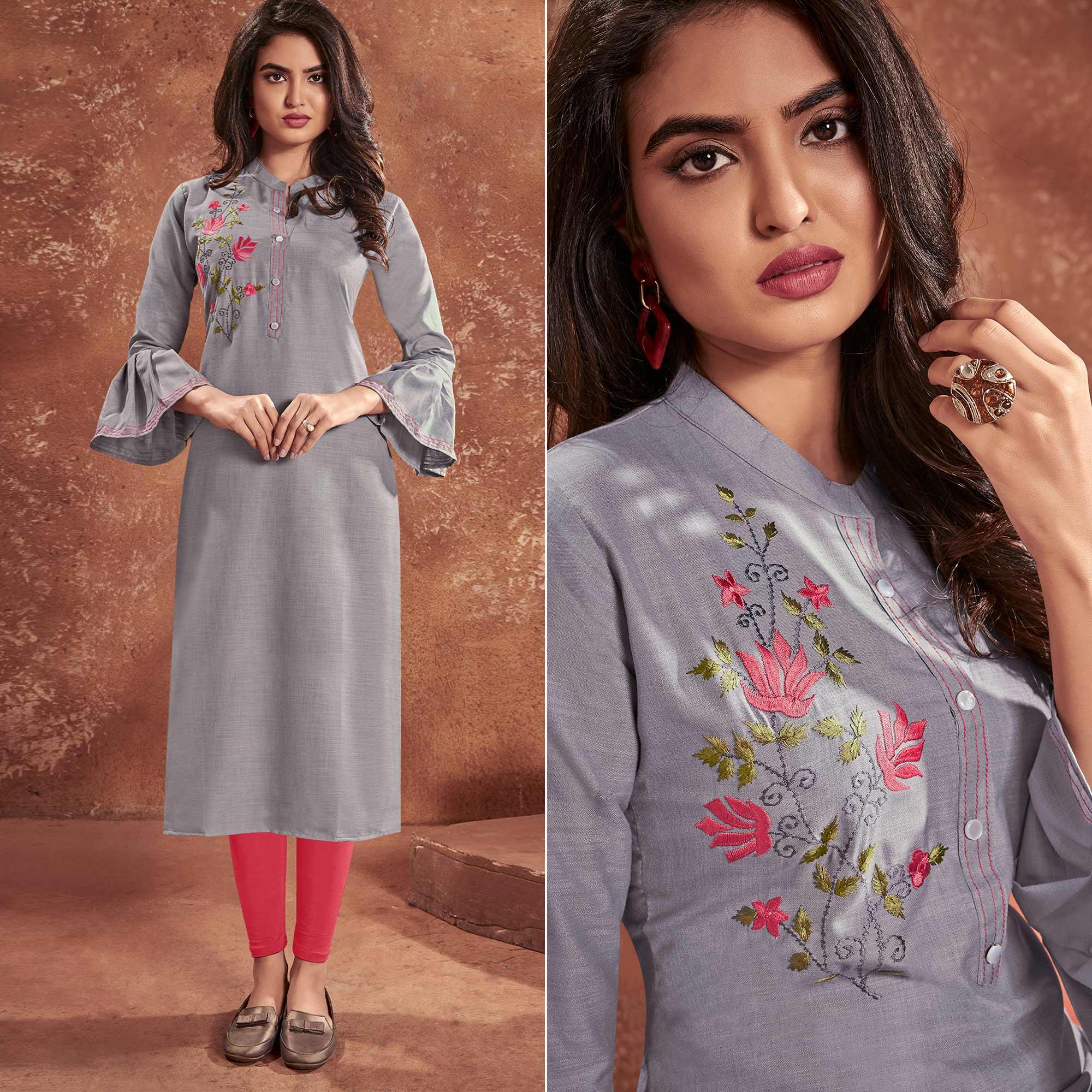 Grey Casual Wear Embroidered Cotton Kurti - Peachmode