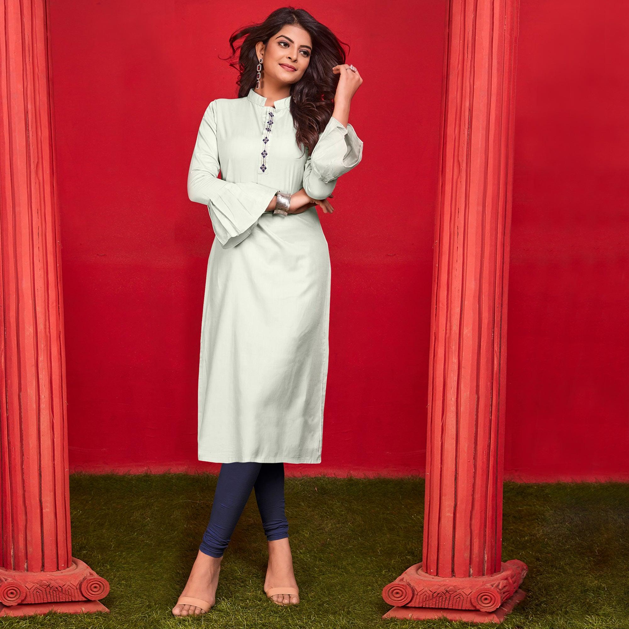 Grey Casual Wear Embroidered Cotton Kurti - Peachmode