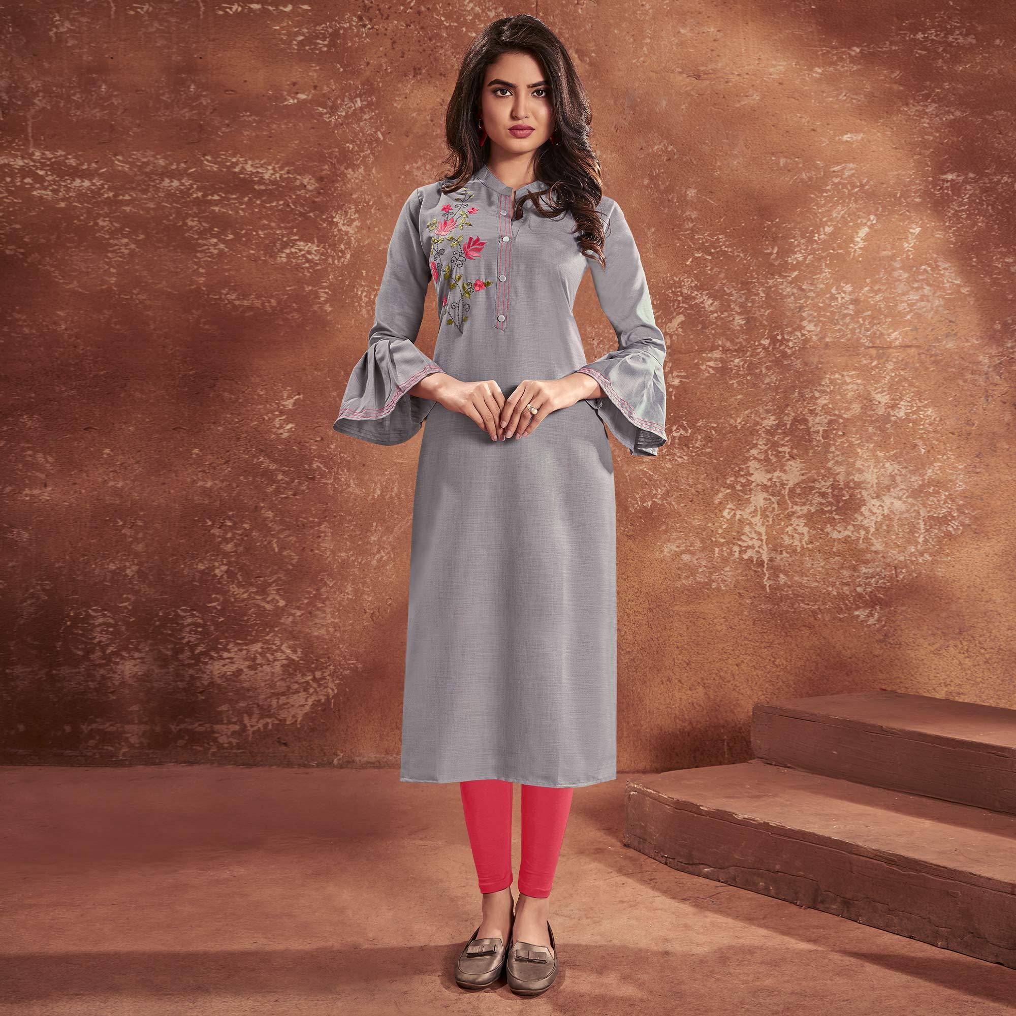 Grey Casual Wear Embroidered Cotton Kurti - Peachmode