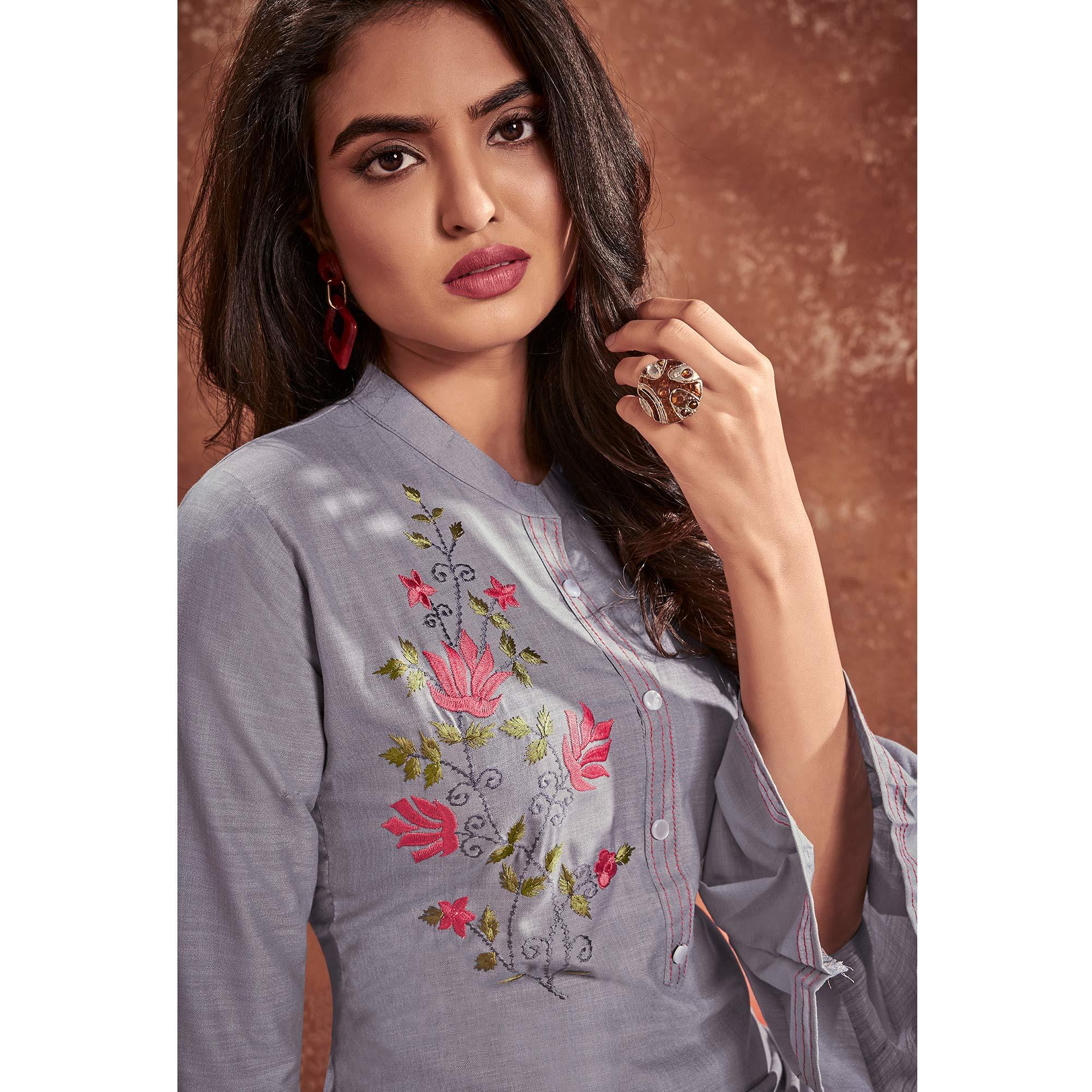 Grey Casual Wear Embroidered Cotton Kurti - Peachmode