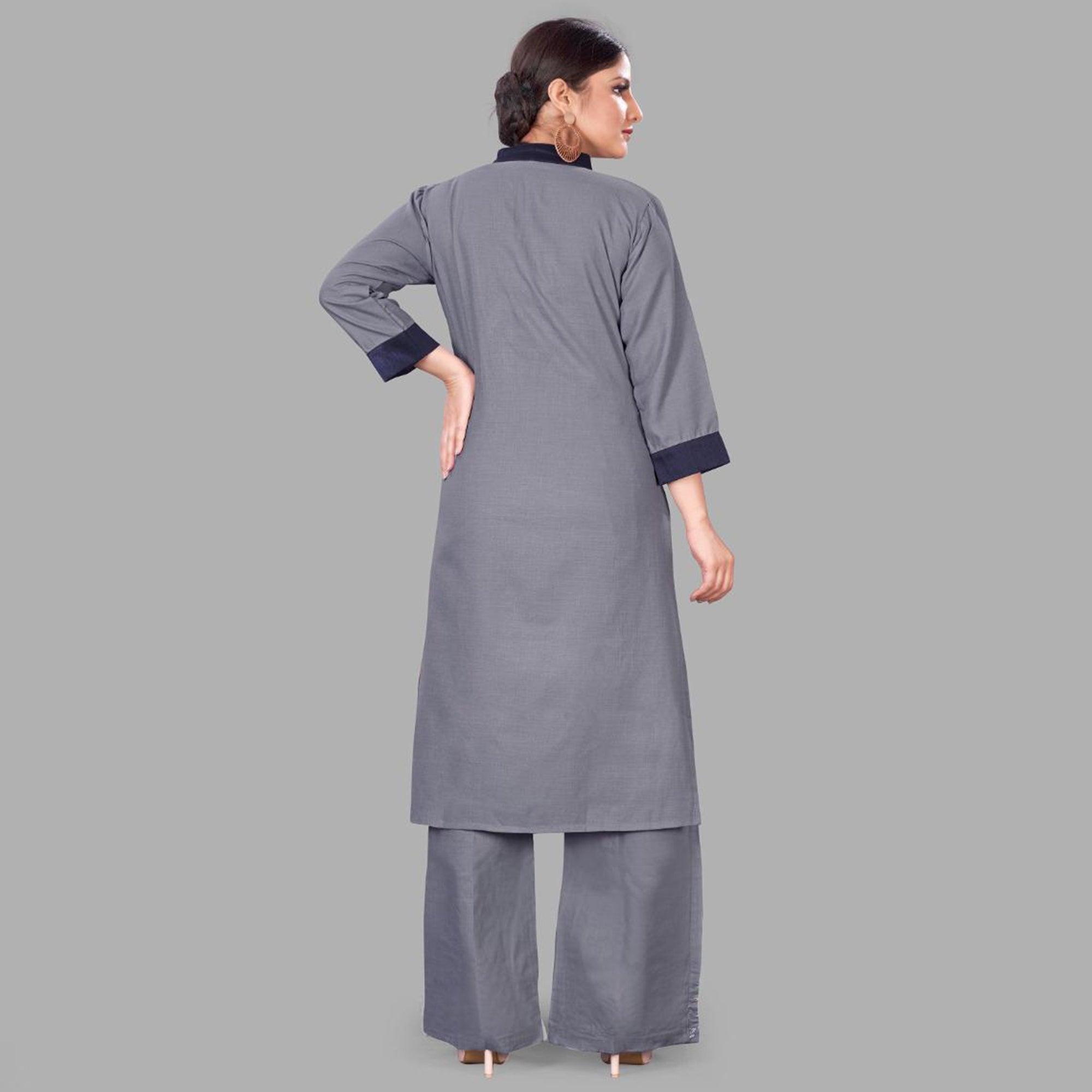 Grey Casual Wear Embroidered Cotton Palazzo Suit - Peachmode