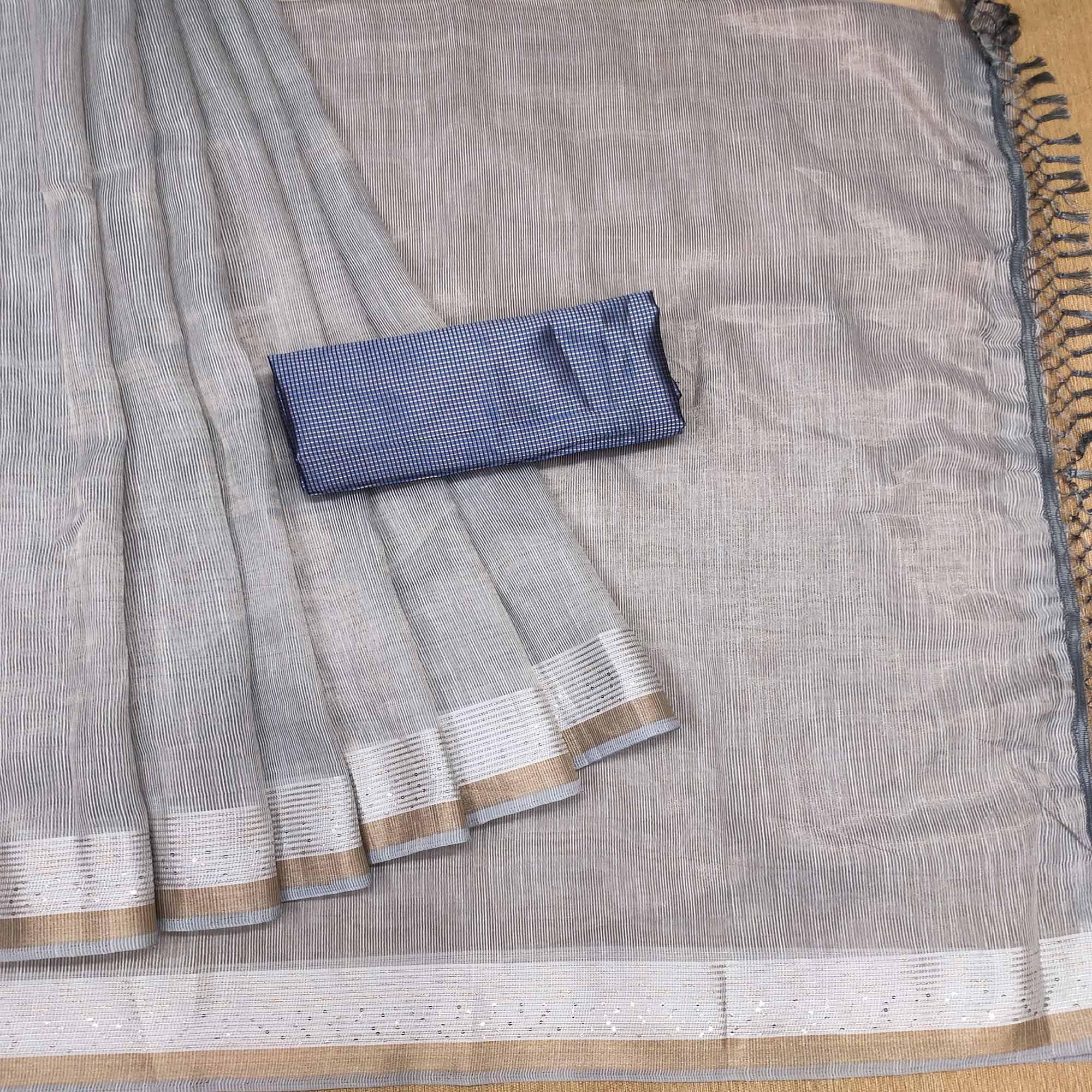 Grey Casual Wear Embroidered Cotton Saree With Tassels - Peachmode