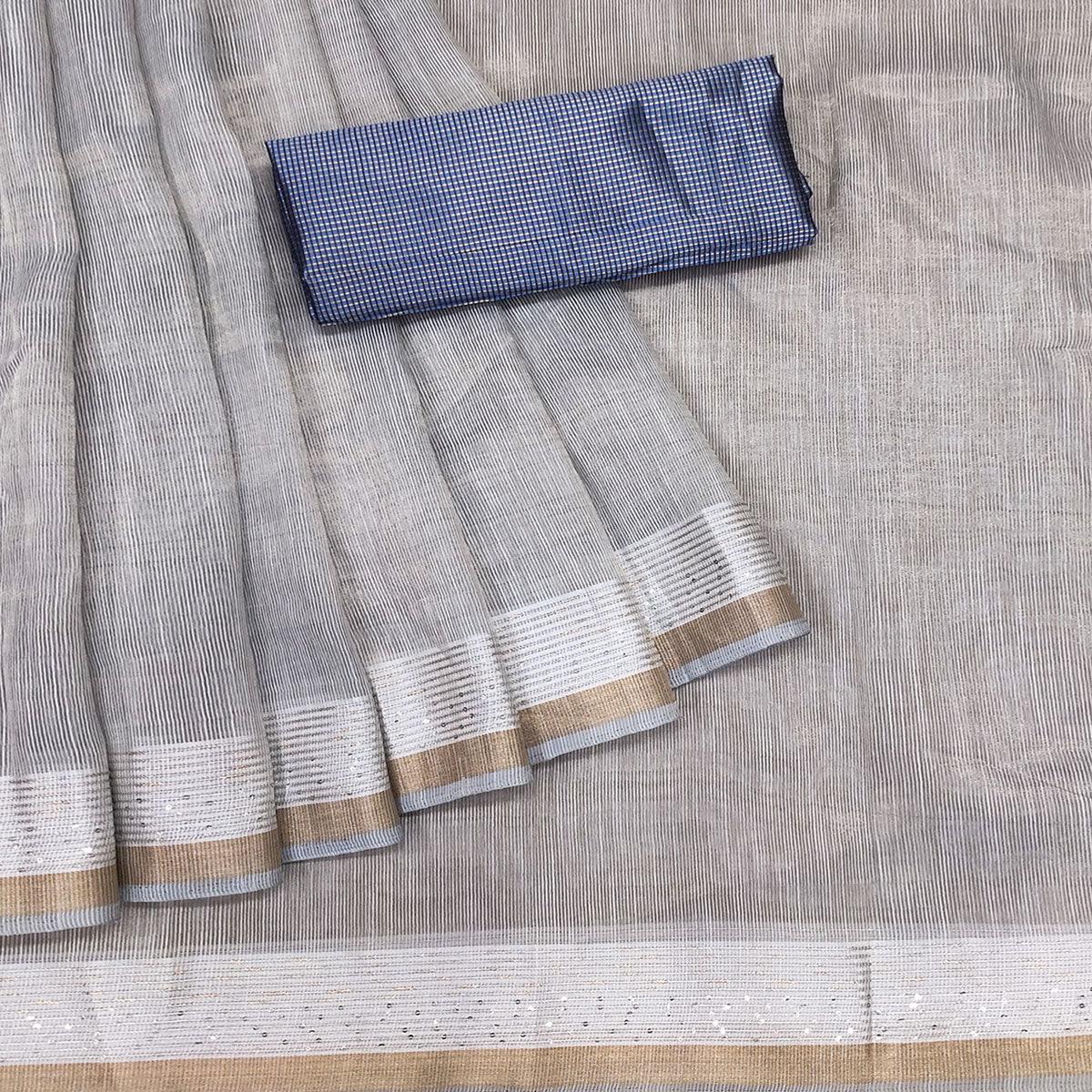 Grey Casual Wear Embroidered Cotton Saree With Tassels - Peachmode
