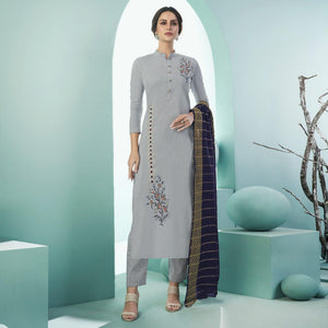 Grey Casual Wear Embroidered Cotton Suit - Peachmode