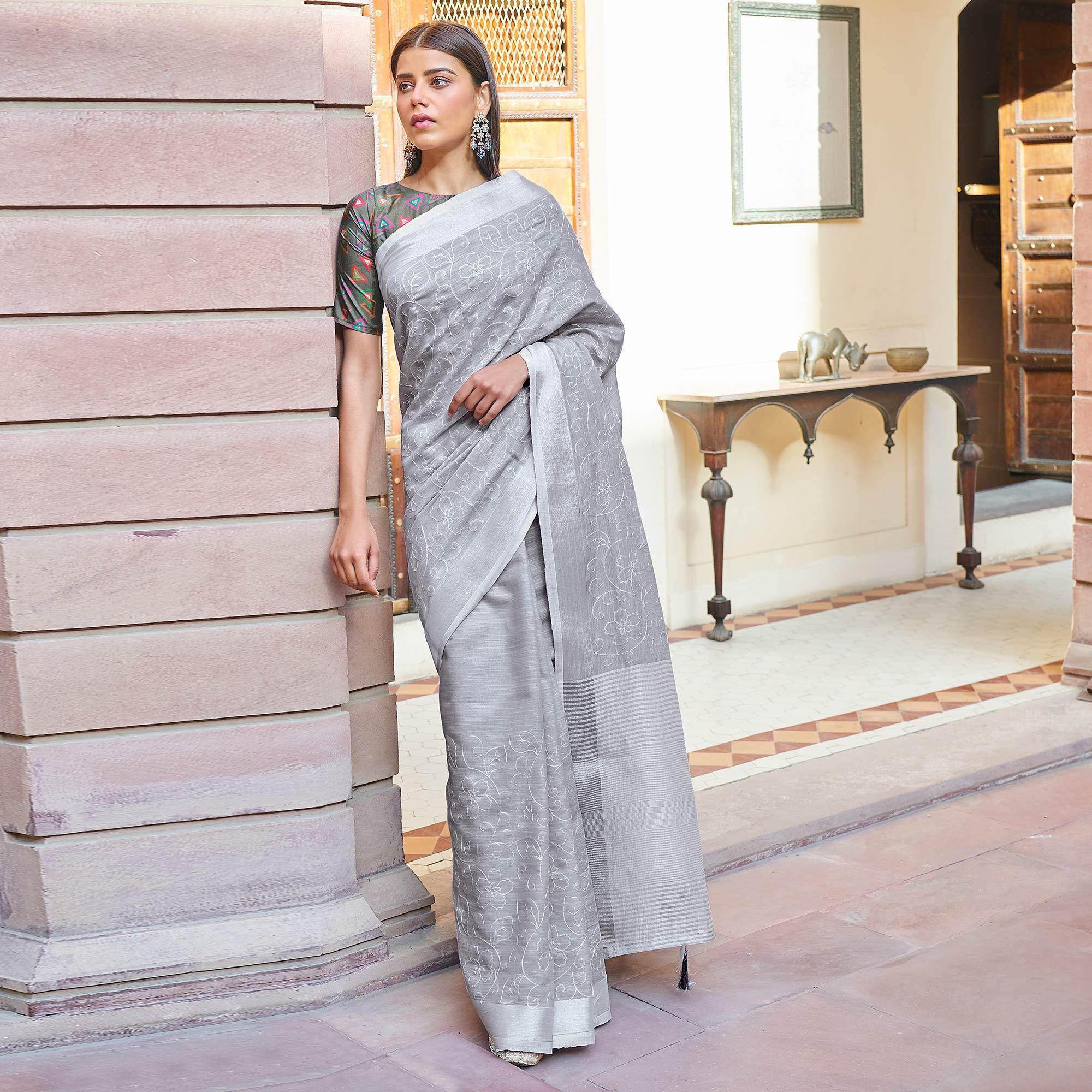 Grey Casual Wear Embroidered Linen Saree - Peachmode