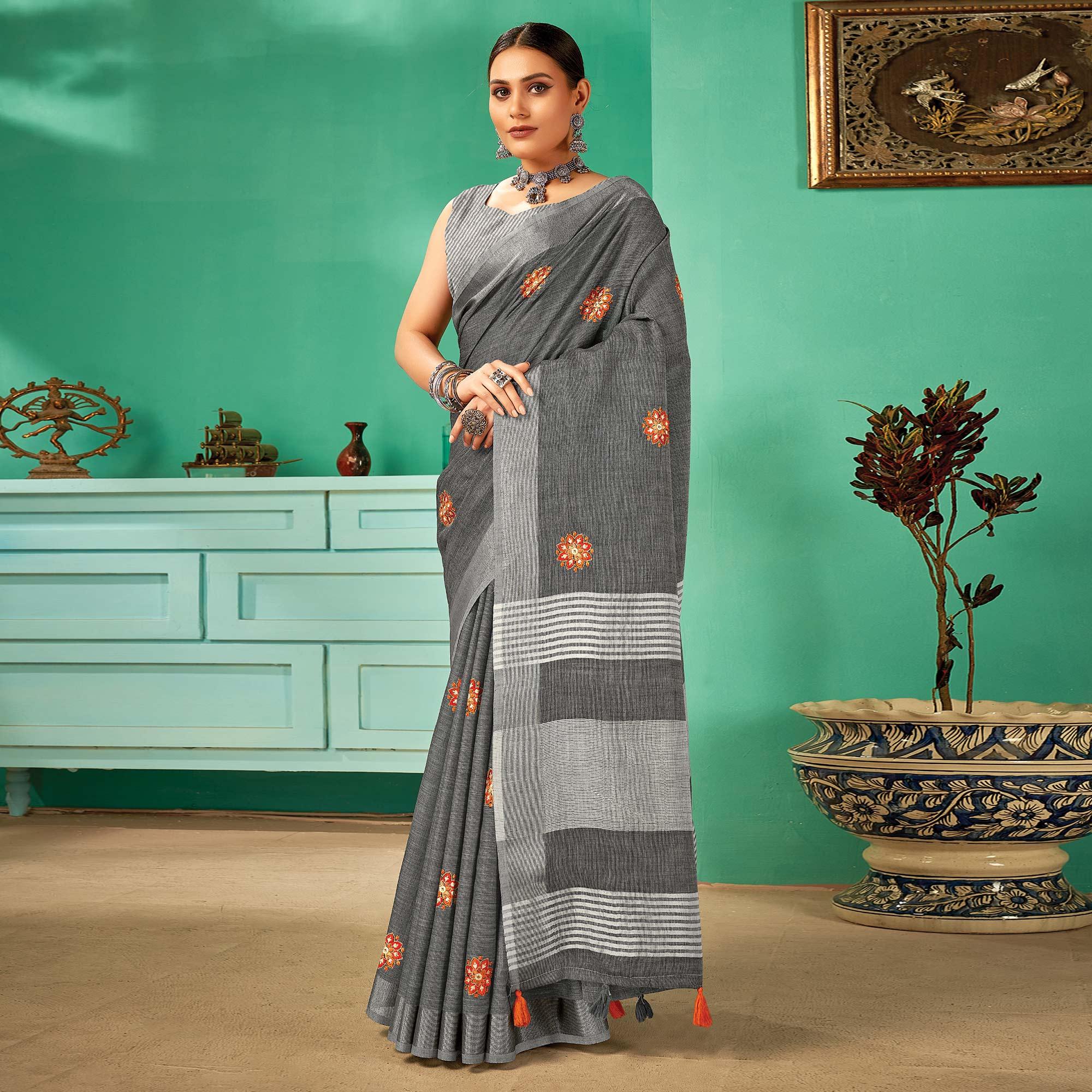 Grey Casual Wear Embroidered Linen Saree - Peachmode