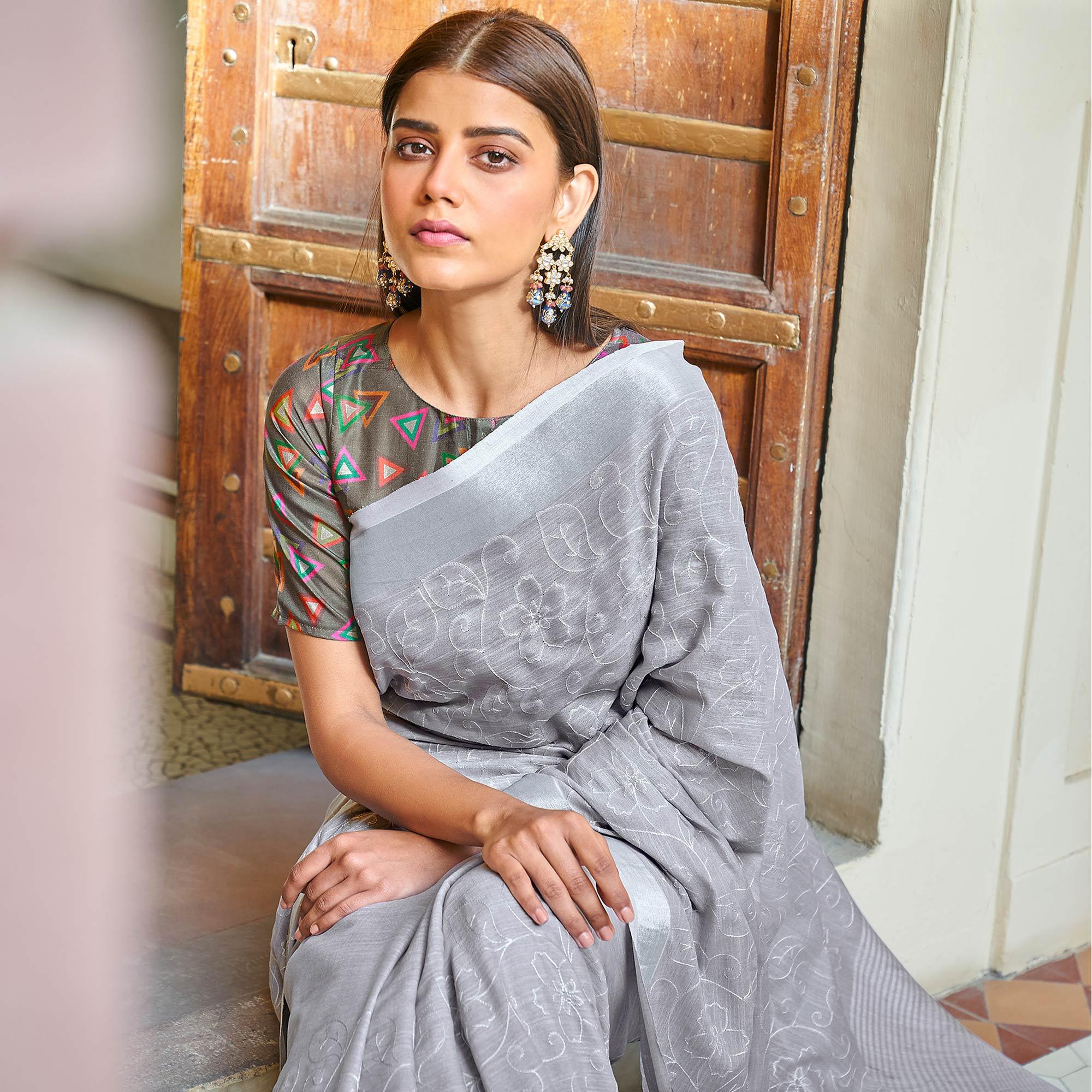 Grey Casual Wear Embroidered Linen Saree - Peachmode