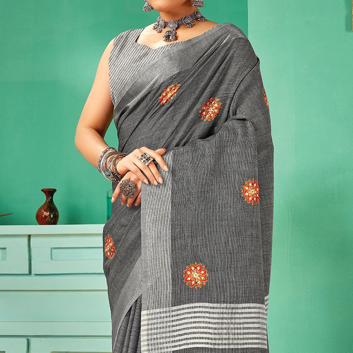 Grey Casual Wear Embroidered Linen Saree - Peachmode