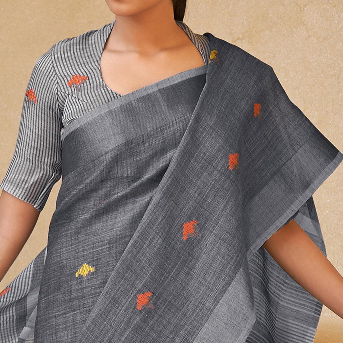 Grey Casual Wear Embroidered Linen Saree - Peachmode