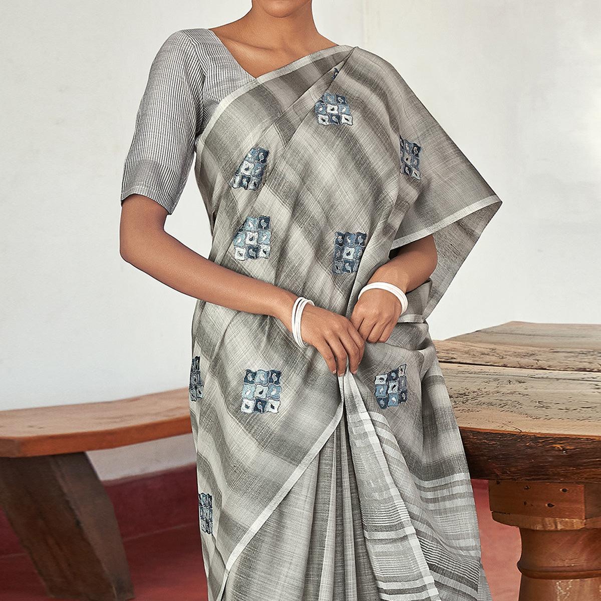 Grey Casual Wear Embroidered Linen Saree With Tassels - Peachmode