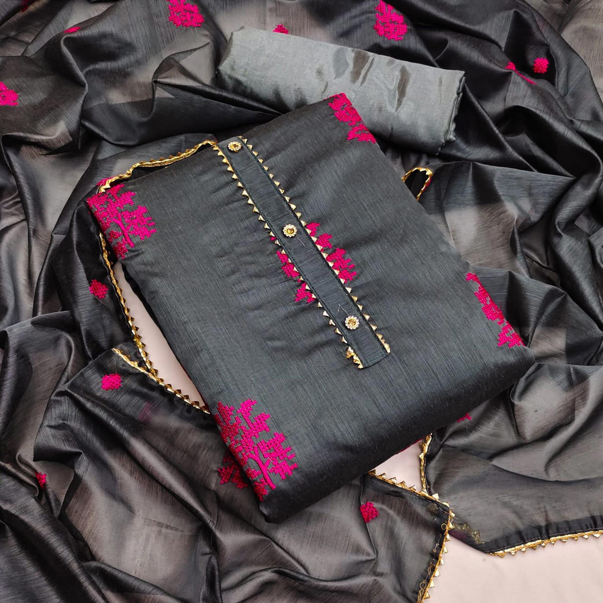 Grey Casual Wear Embroidered Modal Silk Dress Material - Peachmode