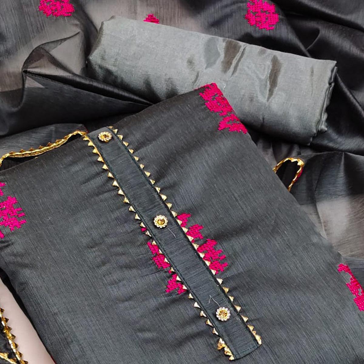 Grey Casual Wear Embroidered Modal Silk Dress Material - Peachmode