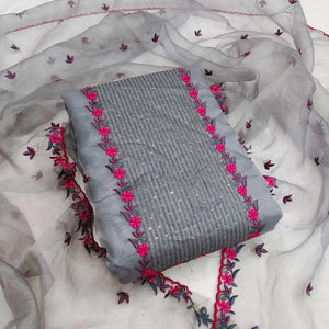 Grey Casual Wear Embroidered Organza Dress Material - Peachmode