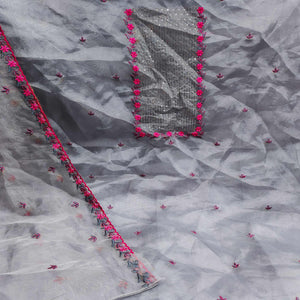 Grey Casual Wear Embroidered Organza Dress Material - Peachmode