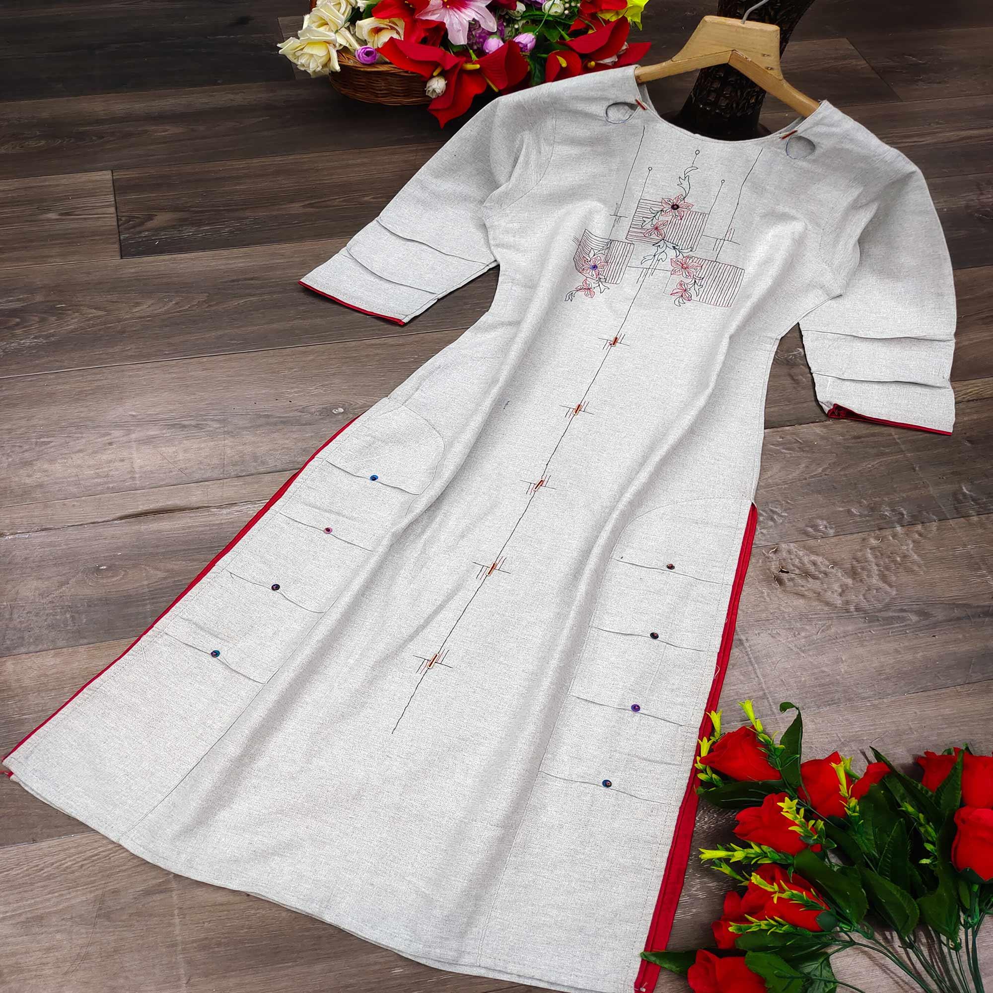 Grey Casual Wear Embroidered Pure Cotton Kurti - Peachmode