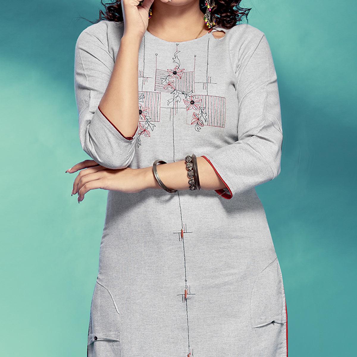 Grey Casual Wear Embroidered Pure Cotton Kurti - Peachmode