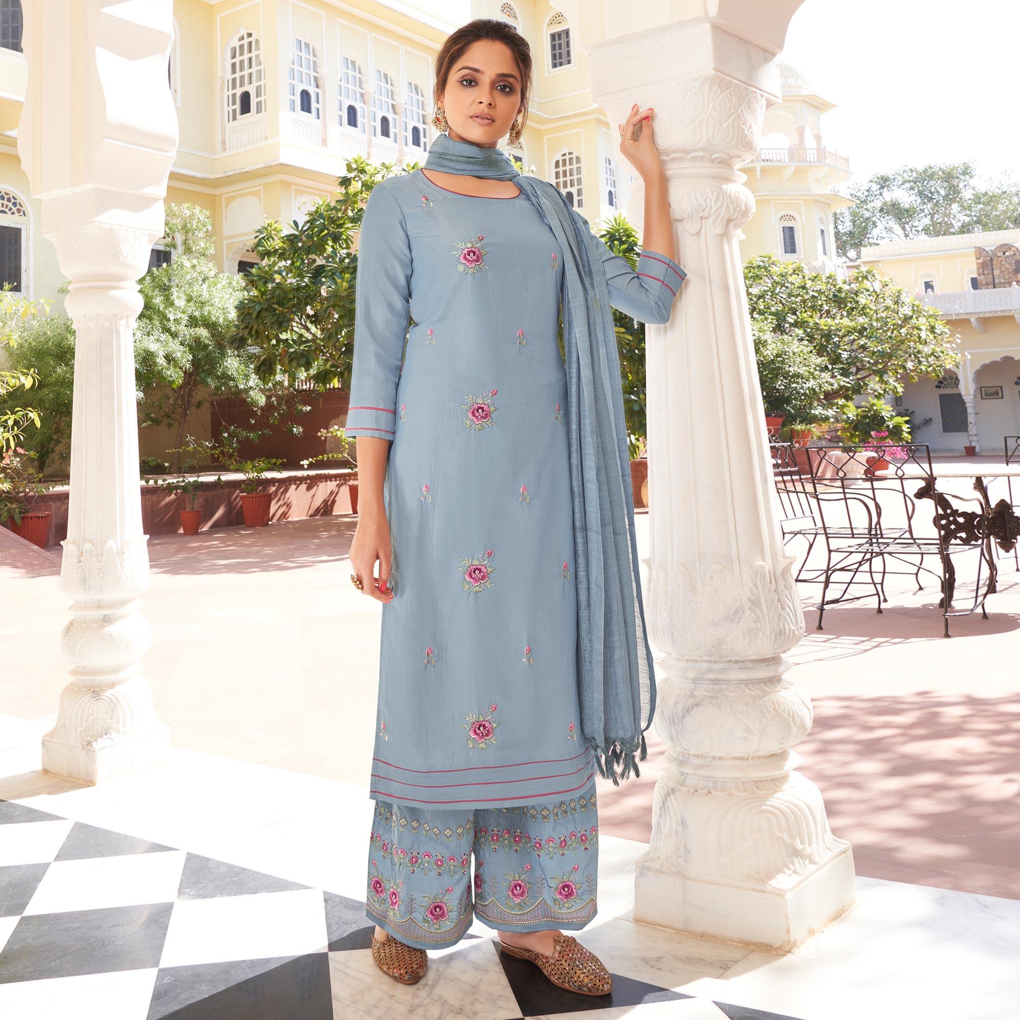 Grey Casual Wear Embroidered Pure Modal Viscose Palazzo Suit - Peachmode