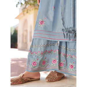 Grey Casual Wear Embroidered Pure Modal Viscose Palazzo Suit - Peachmode