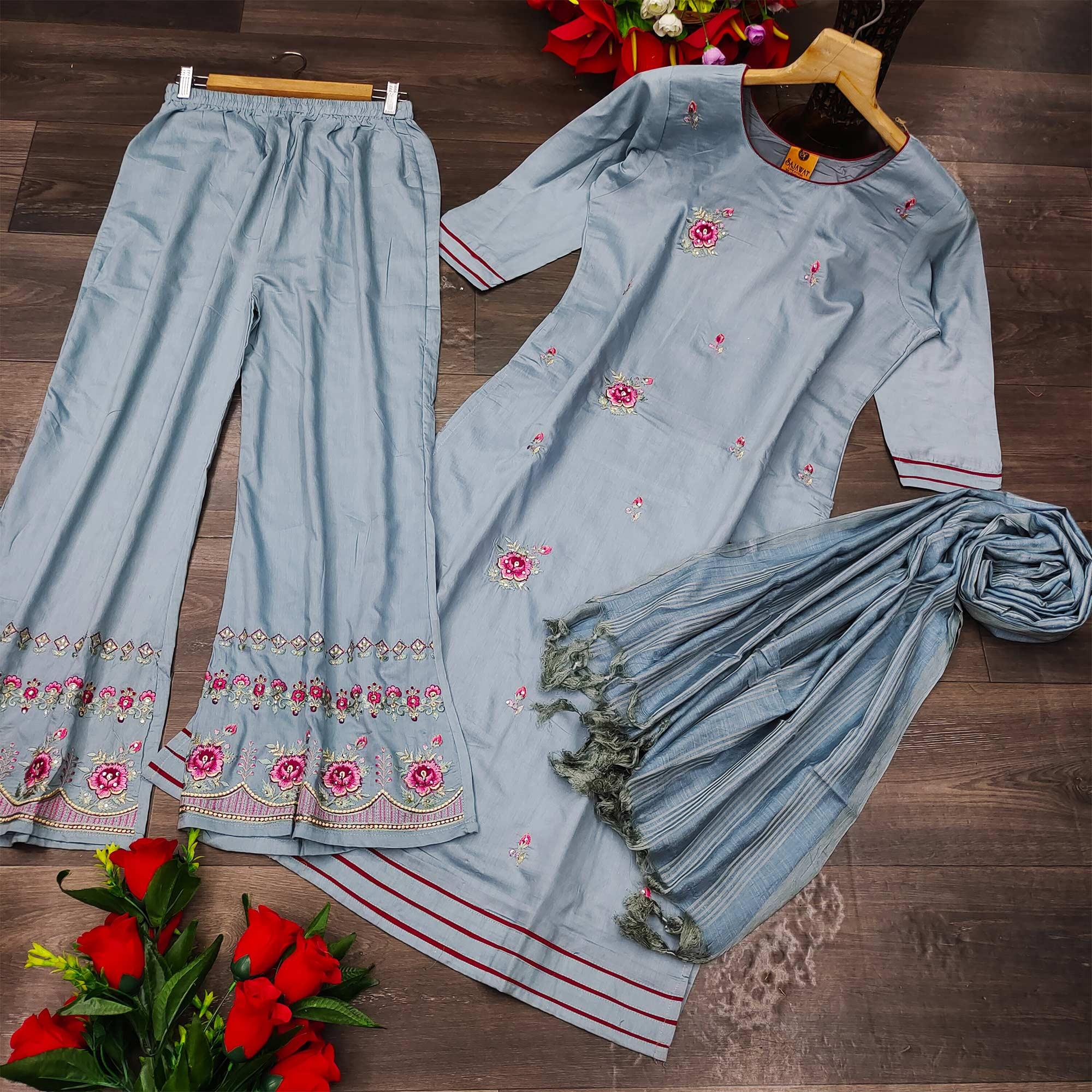 Grey Casual Wear Embroidered Pure Modal Viscose Palazzo Suit - Peachmode