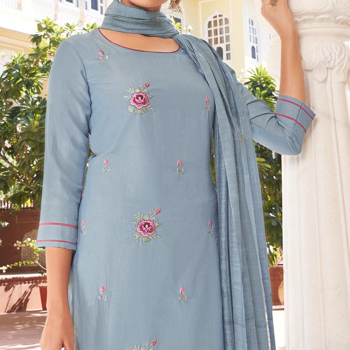 Grey Casual Wear Embroidered Pure Modal Viscose Palazzo Suit - Peachmode
