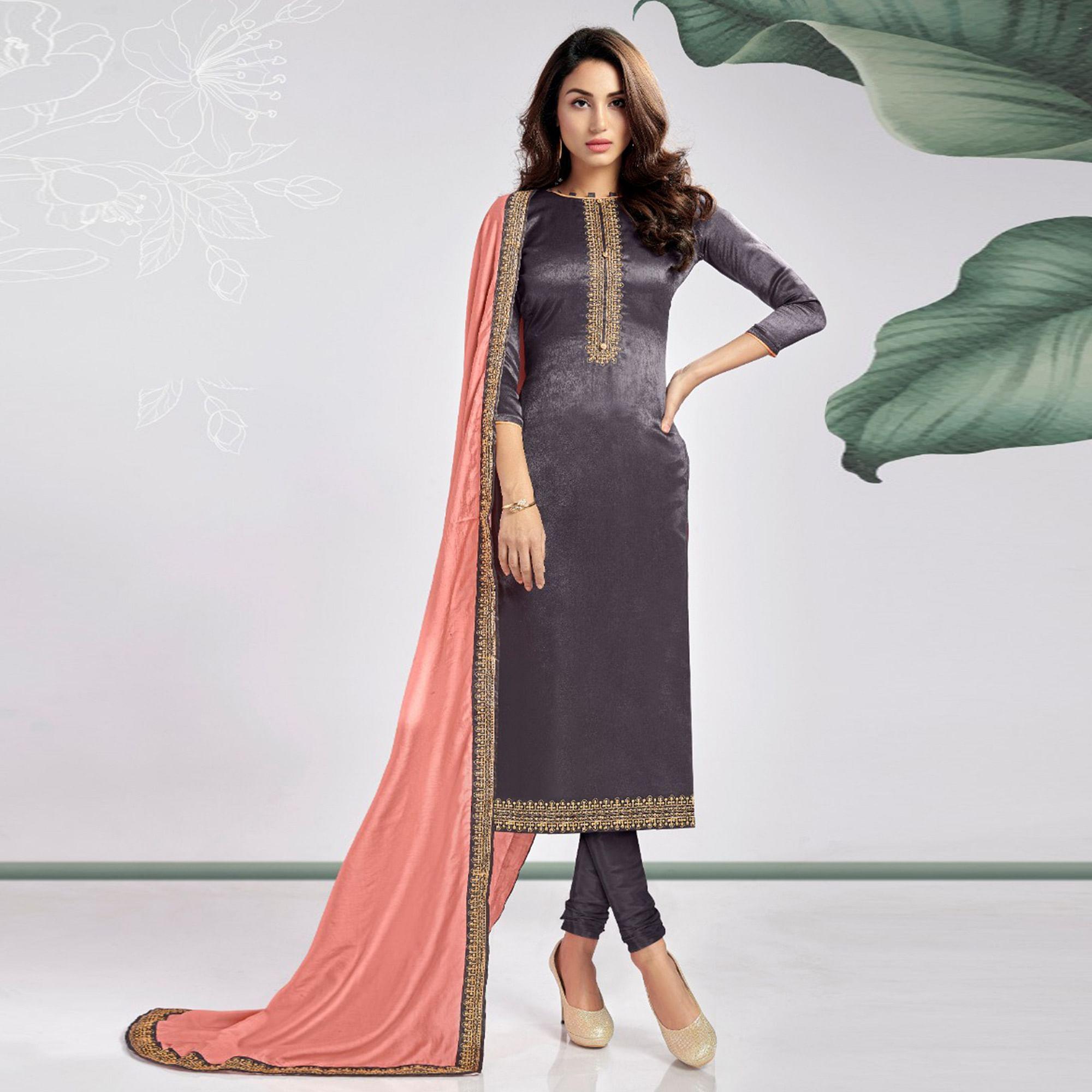 Grey Casual Wear Embroidered Sanaya Silk Dress Material - Peachmode