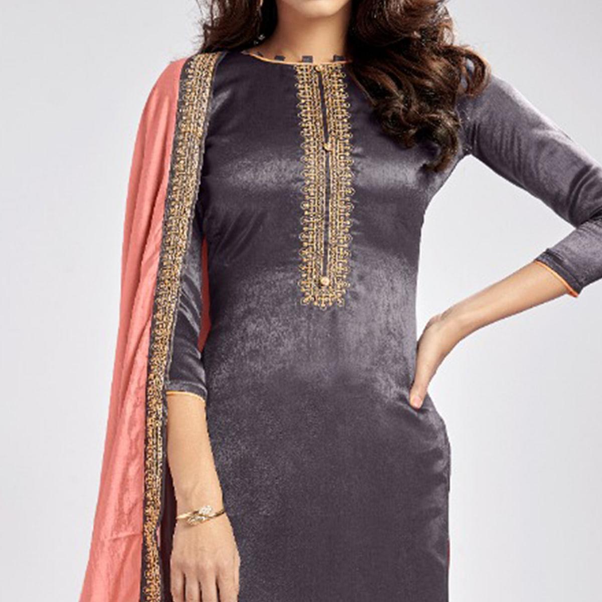 Grey Casual Wear Embroidered Sanaya Silk Dress Material - Peachmode