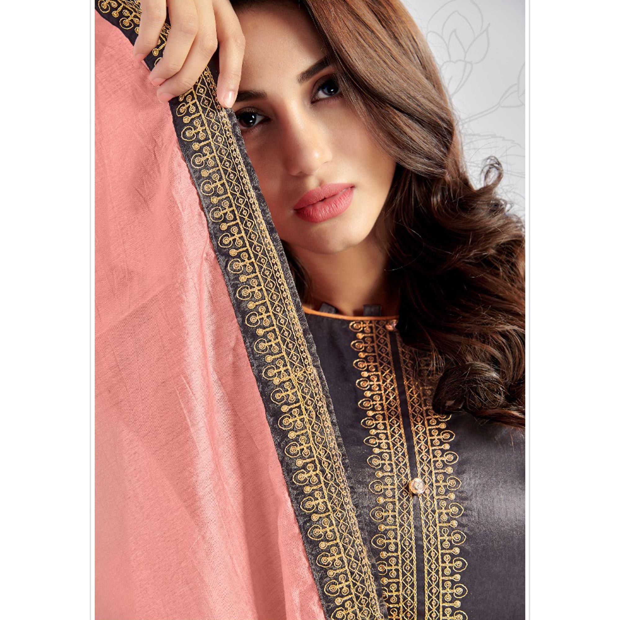 Grey Casual Wear Embroidered Sanaya Silk Dress Material - Peachmode