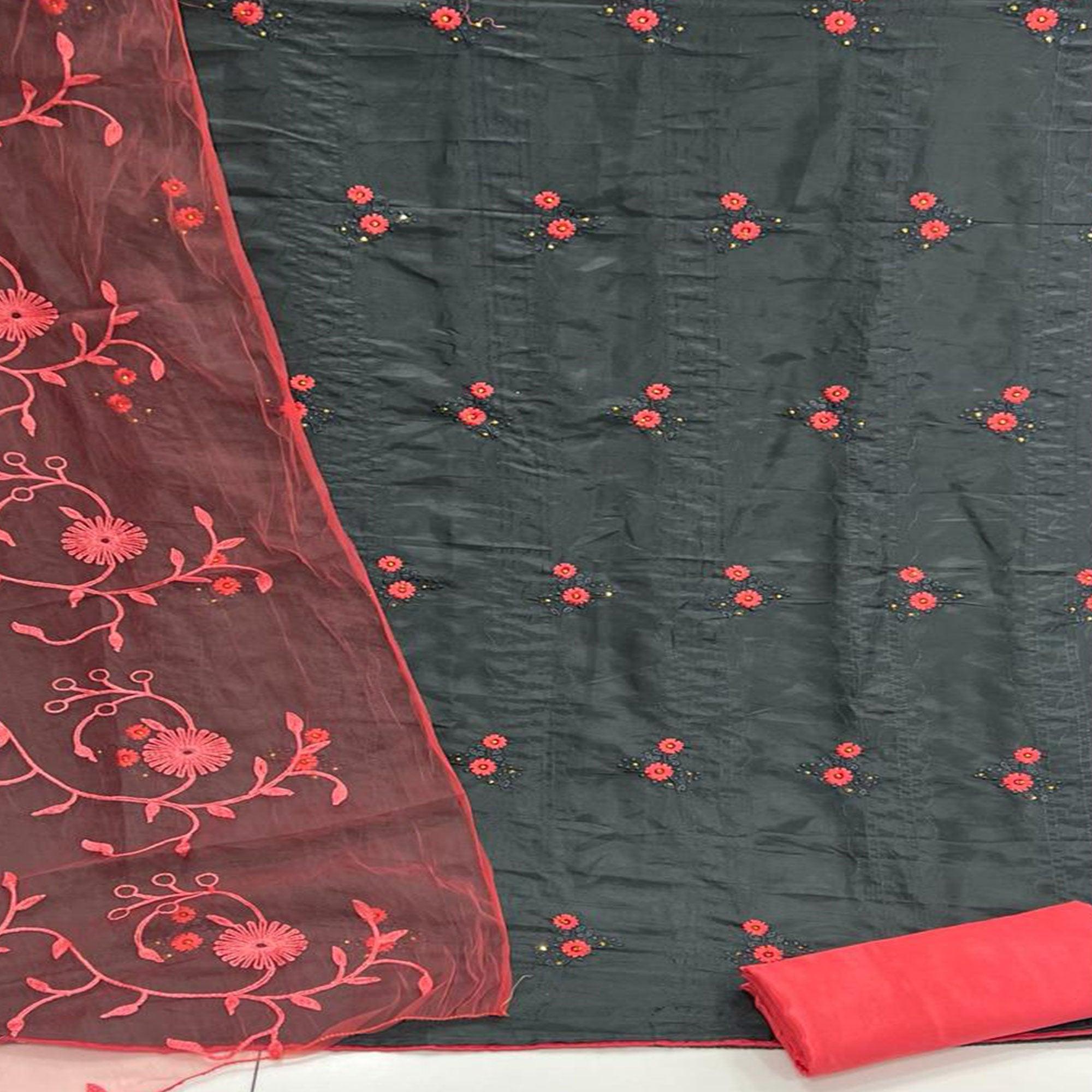 Grey Casual Wear Embroidered Silk Dress Material - Peachmode