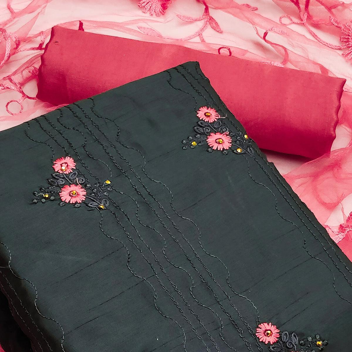 Grey Casual Wear Embroidered Silk Dress Material - Peachmode