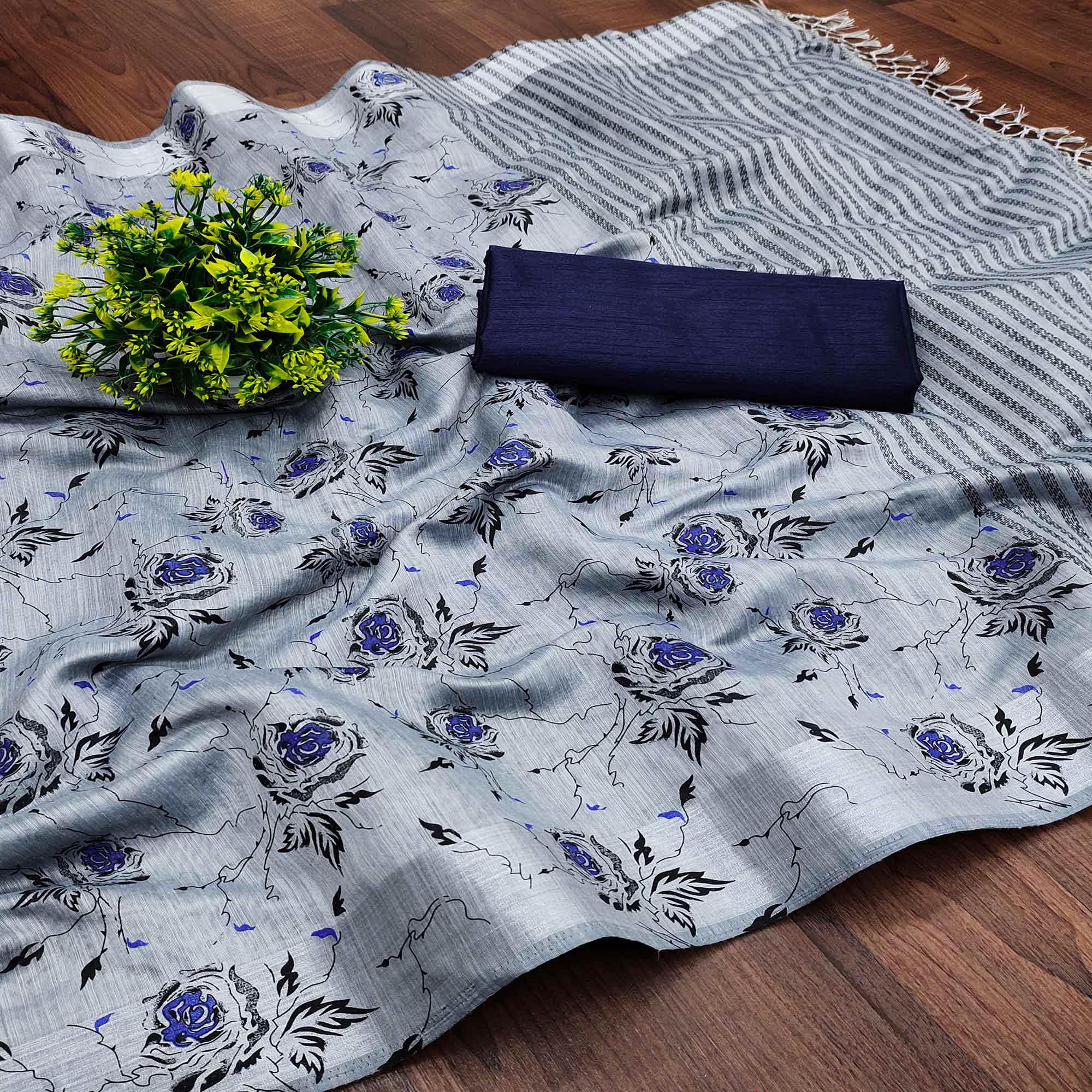 Grey Casual Wear Floral Block Printed Cotton Blend Saree - Peachmode