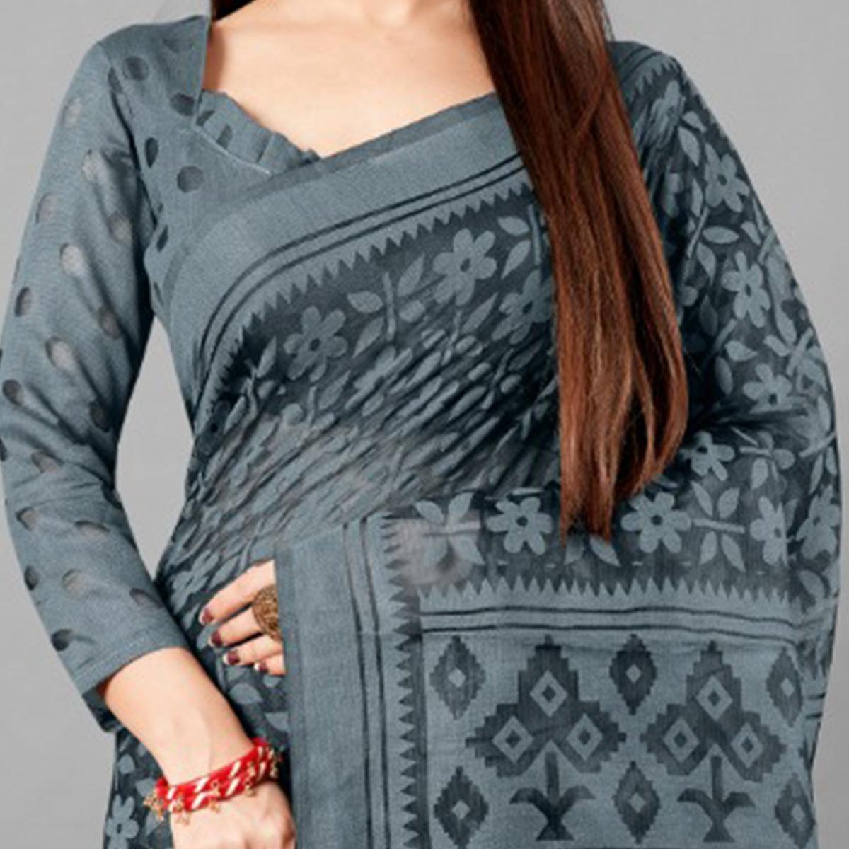 Grey Casual Wear Floral Brasso Saree - Peachmode