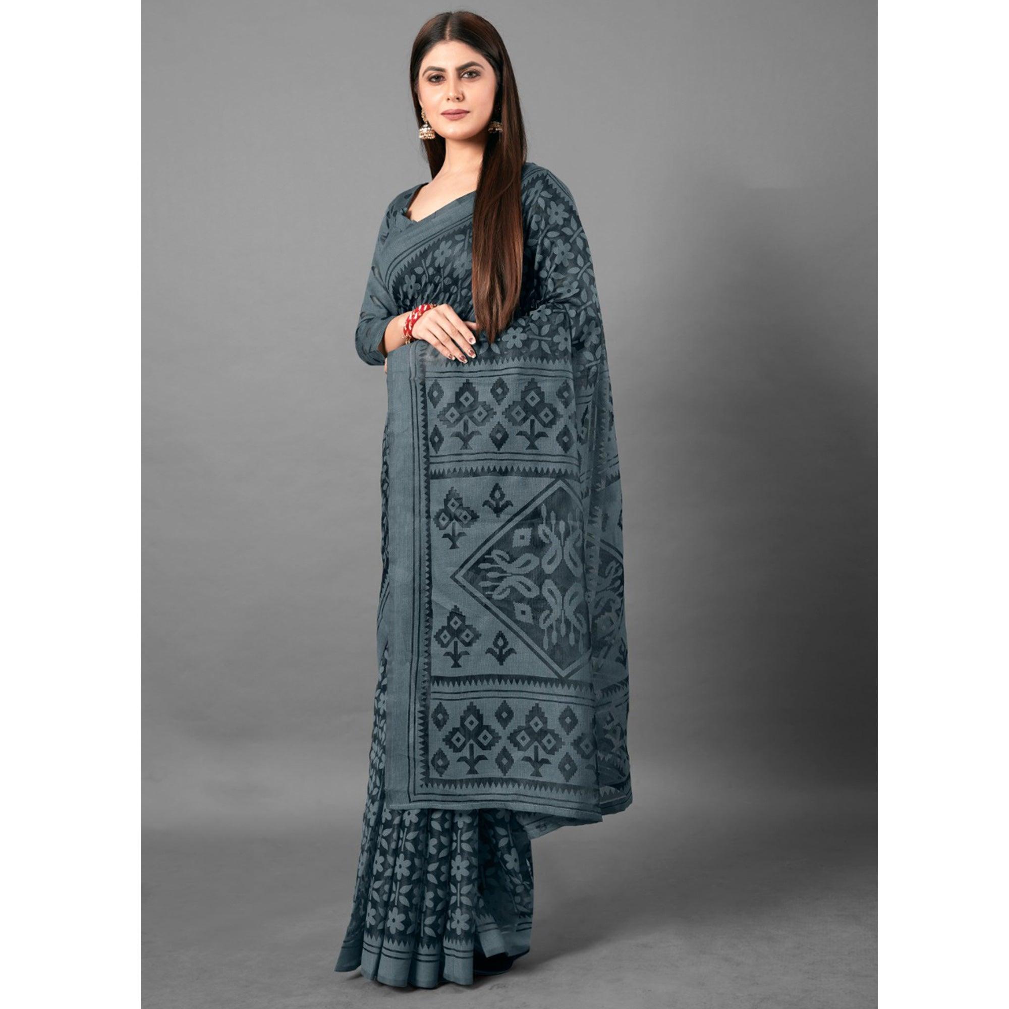Grey Casual Wear Floral Brasso Saree - Peachmode