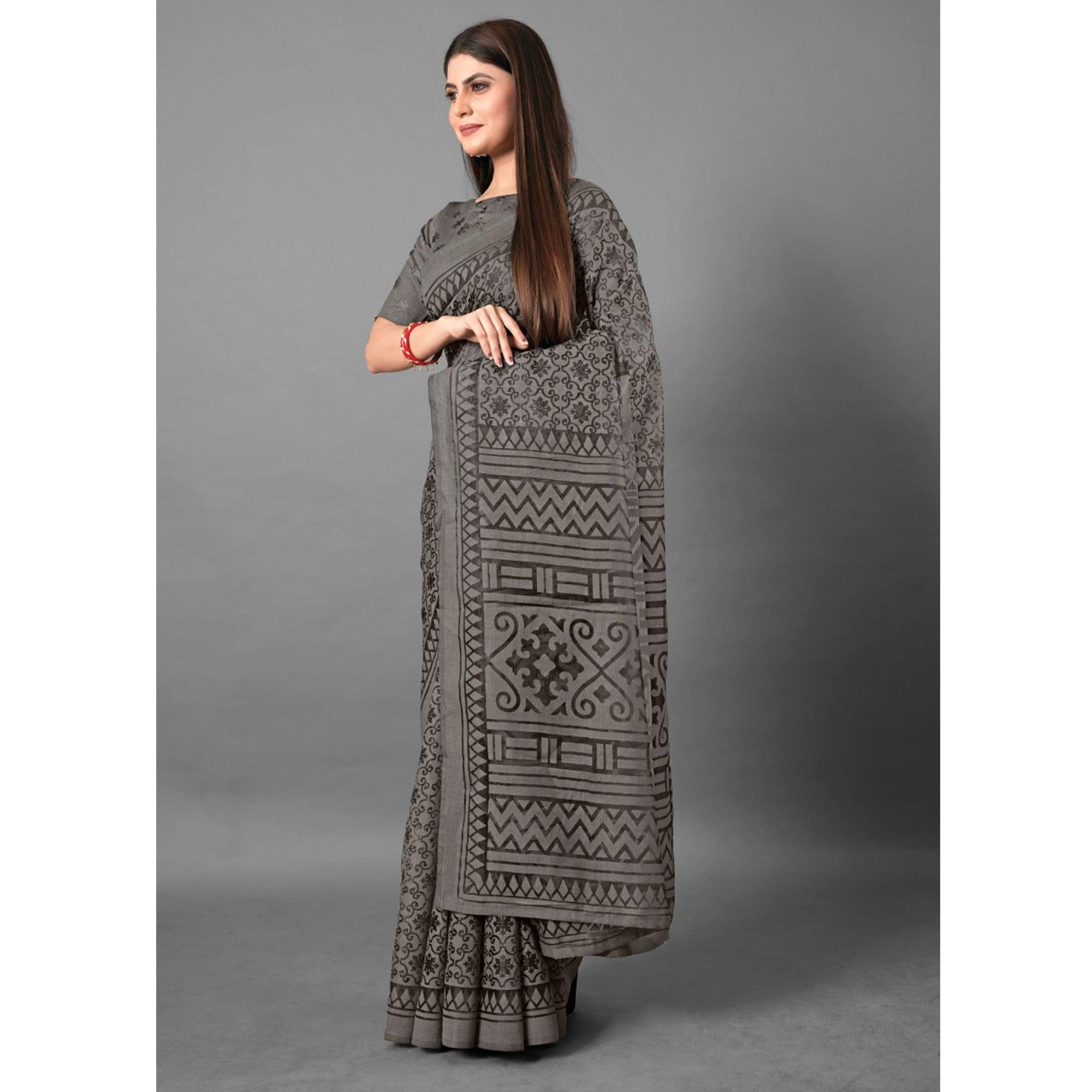 Grey Casual Wear Floral Brasso Saree - Peachmode