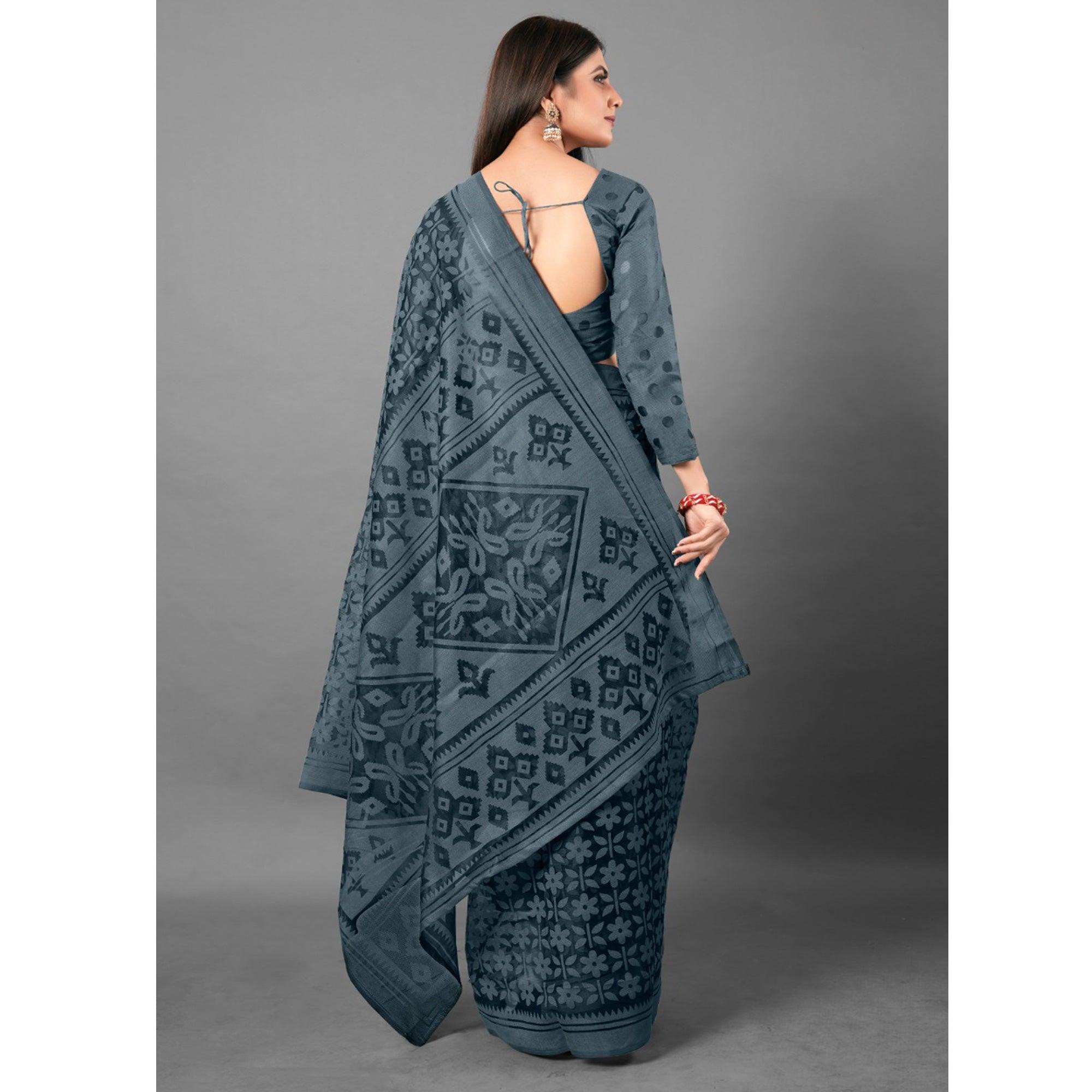 Grey Casual Wear Floral Brasso Saree - Peachmode