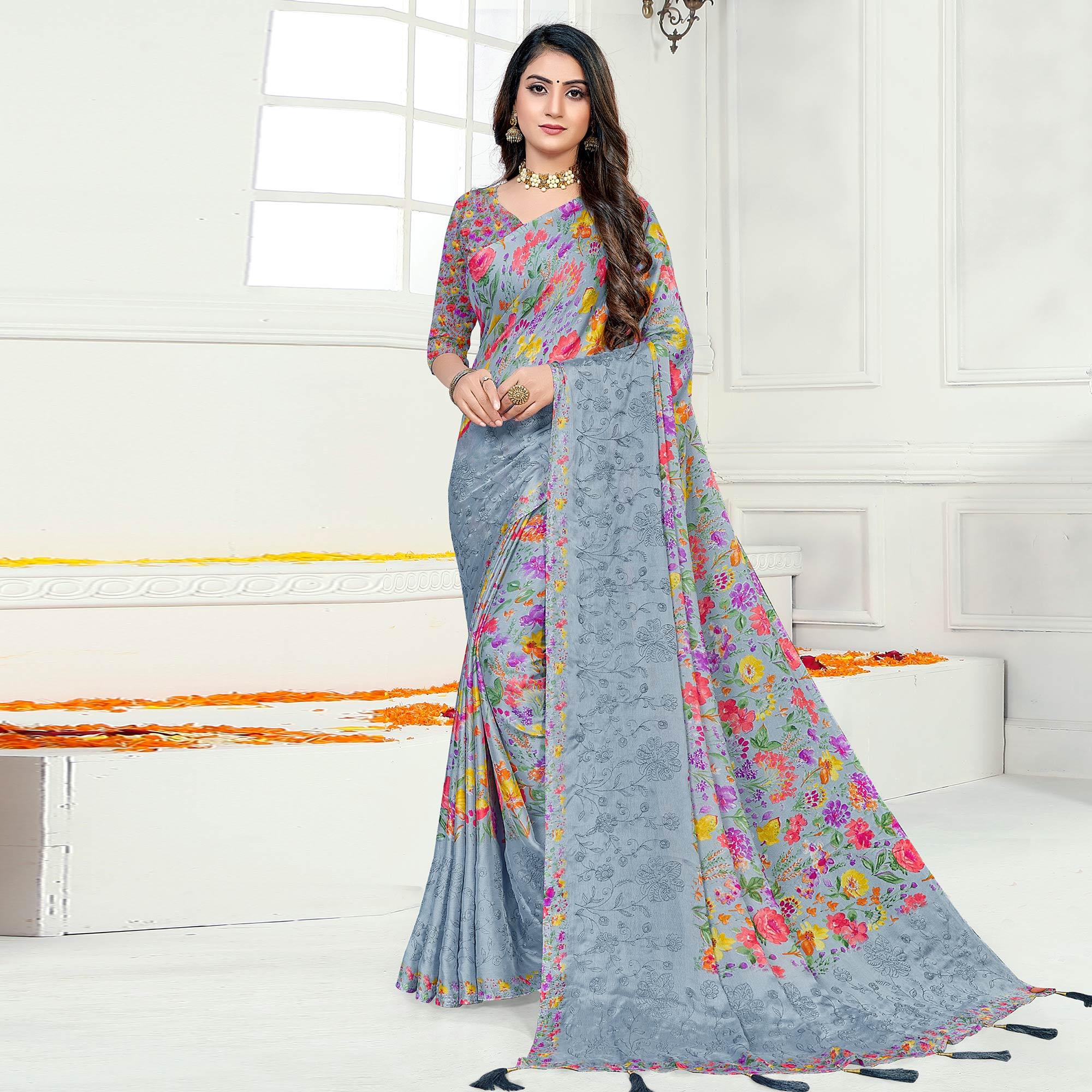 Grey Casual Wear Floral Digital Printed Chiffon Saree - Peachmode